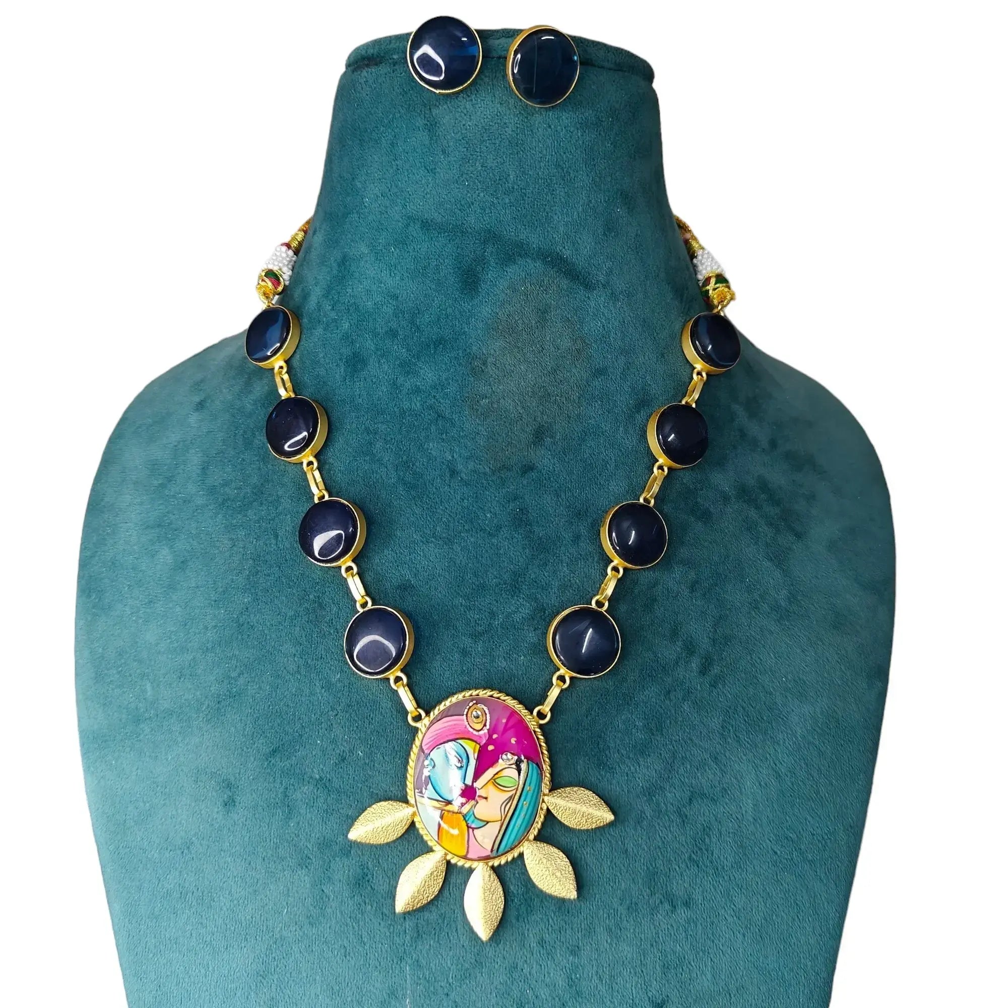 Revati Tanjore Monalisa Necklace Set- Blue Krishna Murali