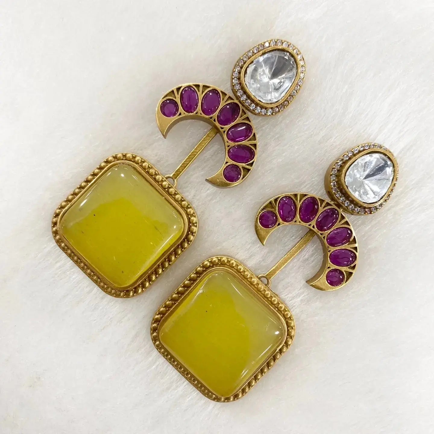 Palak Monalisa Stone Earrings - Yellow