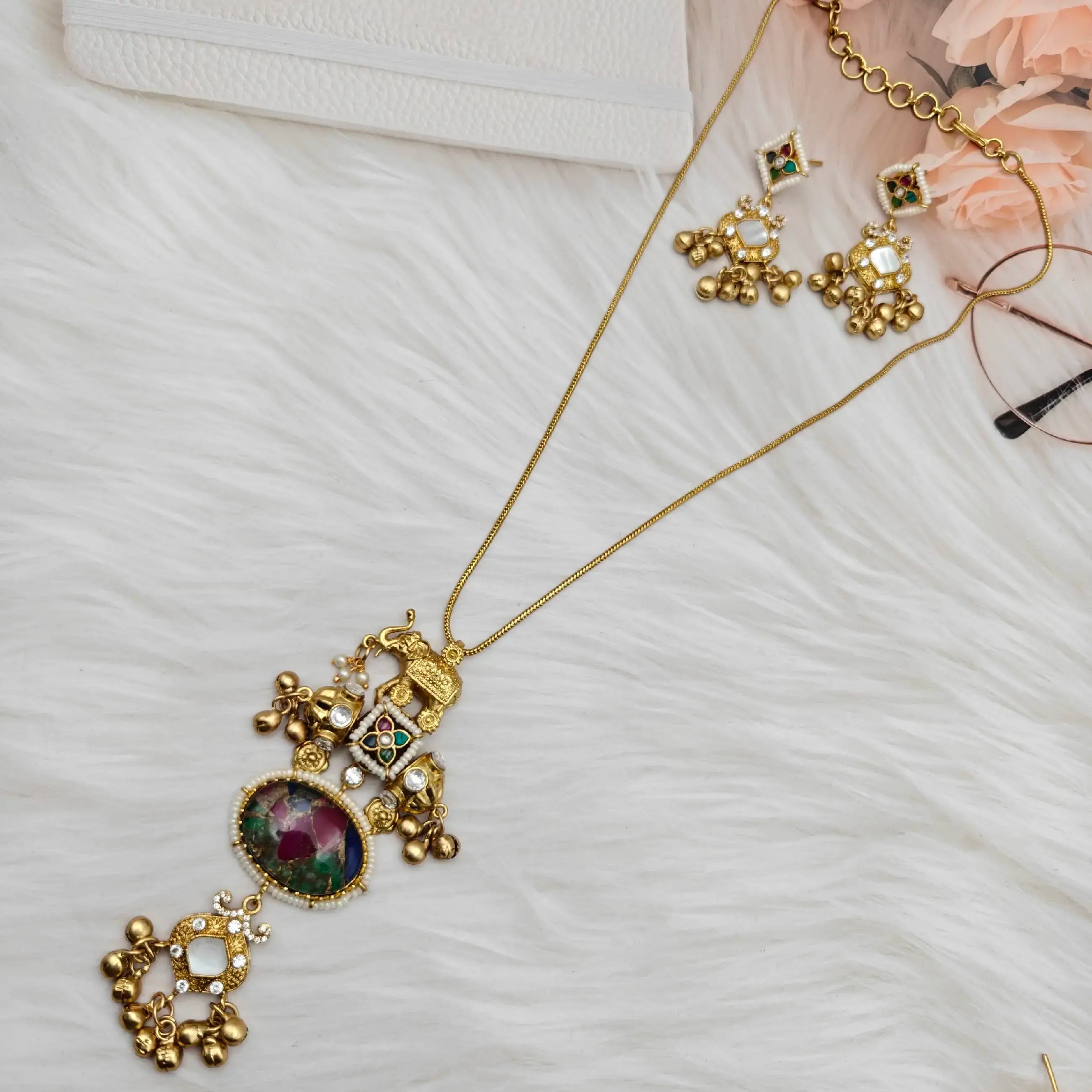 Sarthi Tourmaline Doublet Amrapali Brass Fusion Pendant Set - Multi