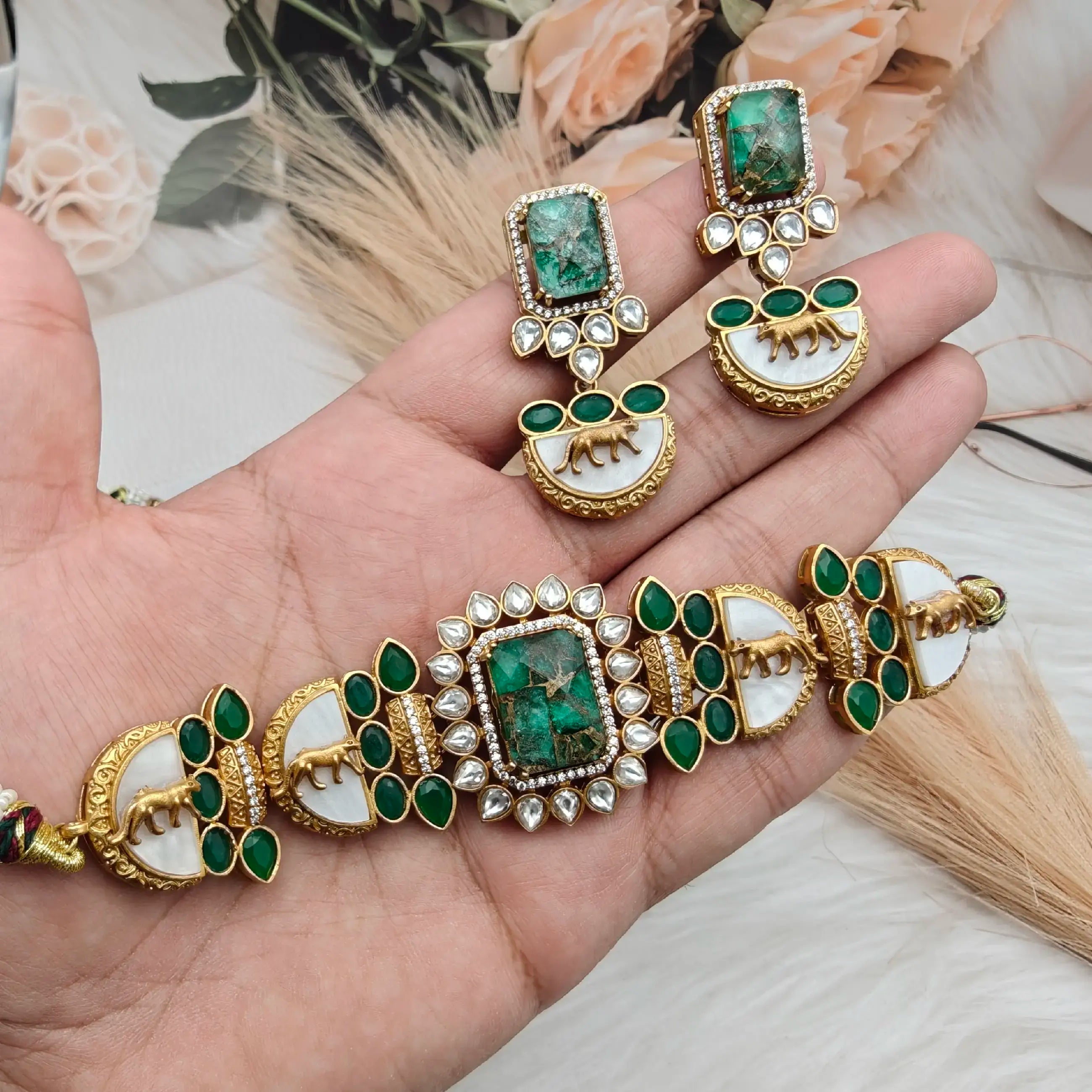 Sabyasachi Inspired Tourmaline Doublet Shayari Choker Set- Green