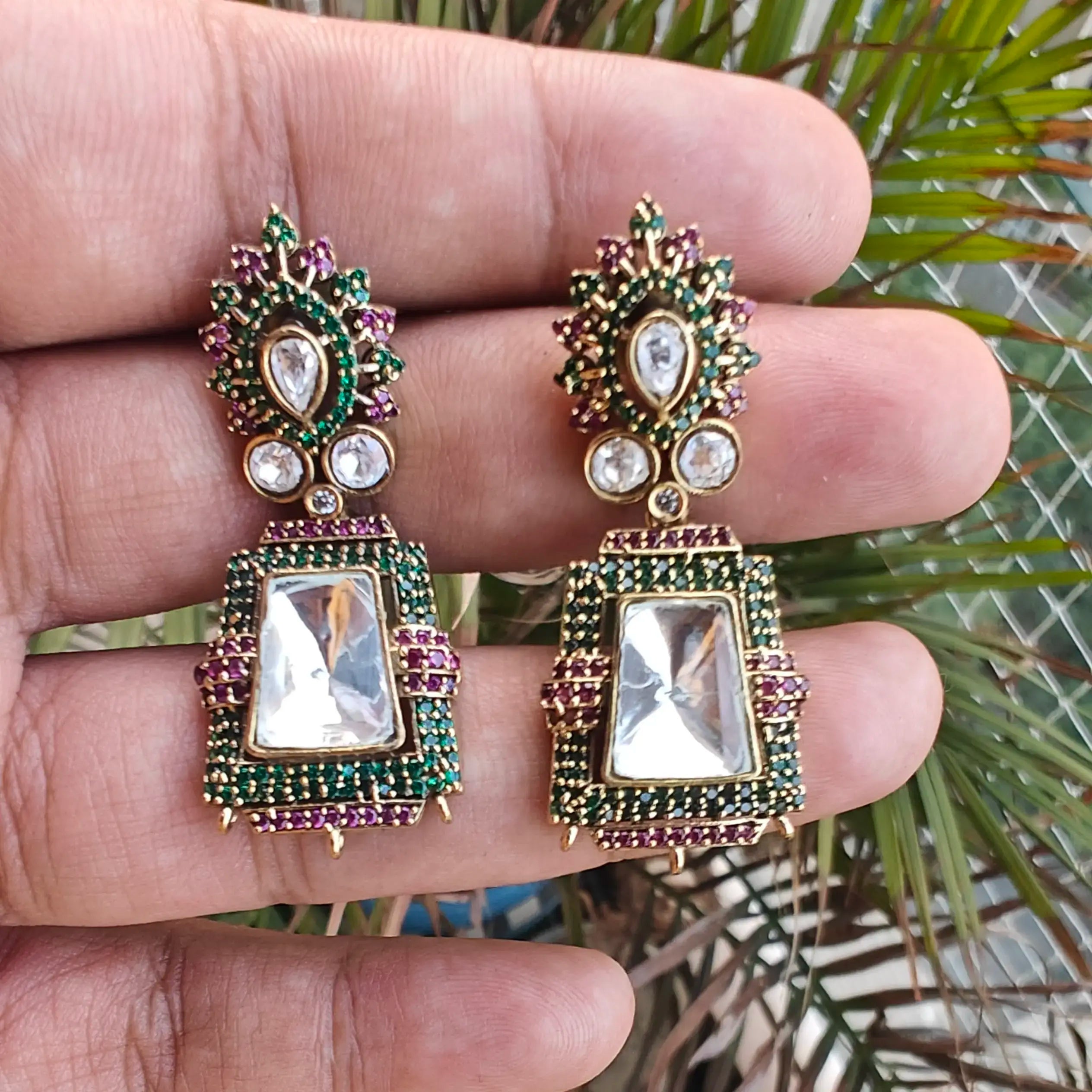 Faiza Uncut Polki Moissanite AD Earrings- Green N Magenta