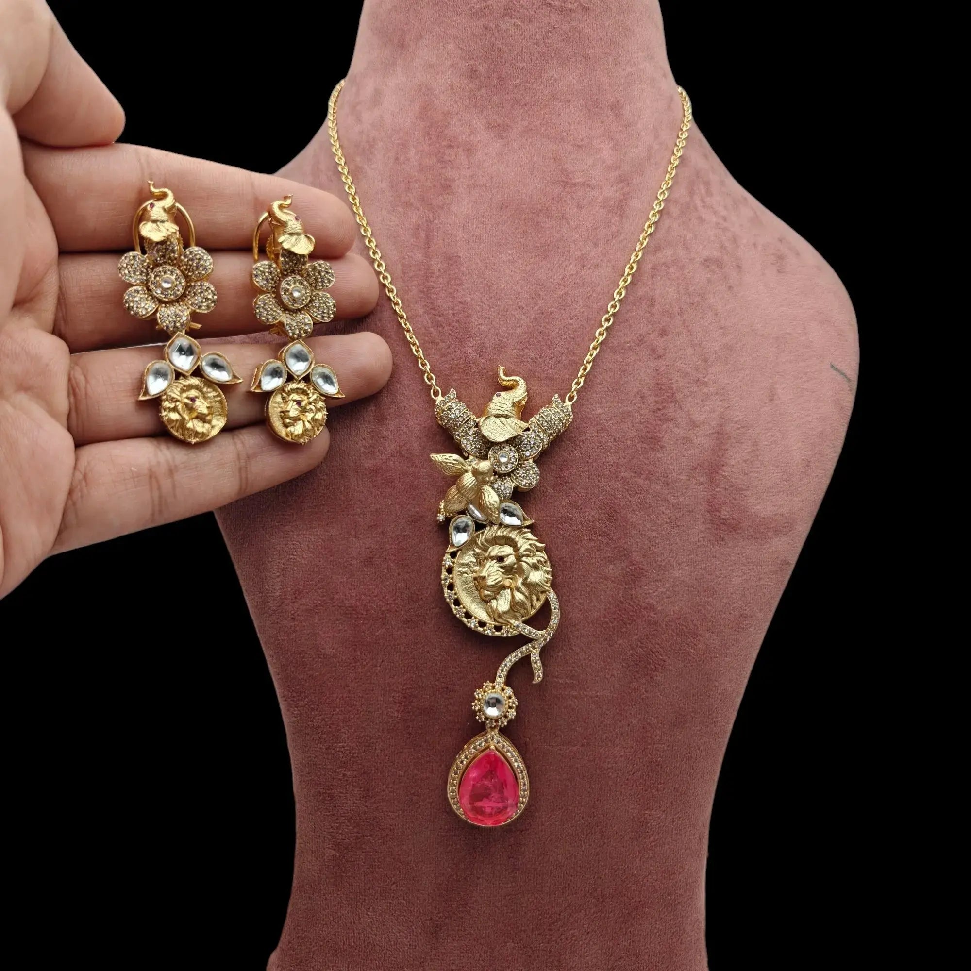 Vantara Premium Doublet Statement Pendant Set - Hot Pink
