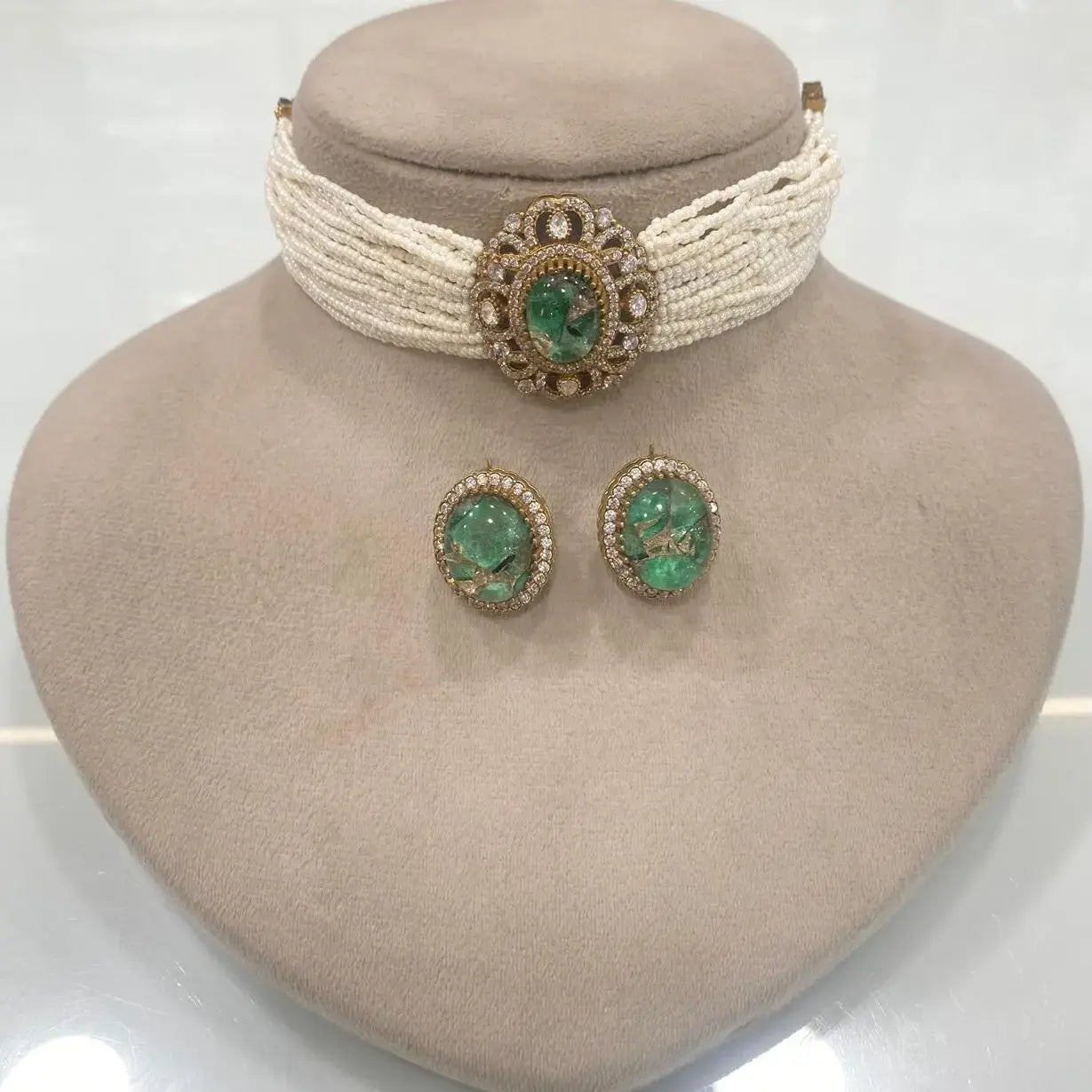 Eden Tourmaline Doublet Uncut Moissanite Polki Choker Set- Green