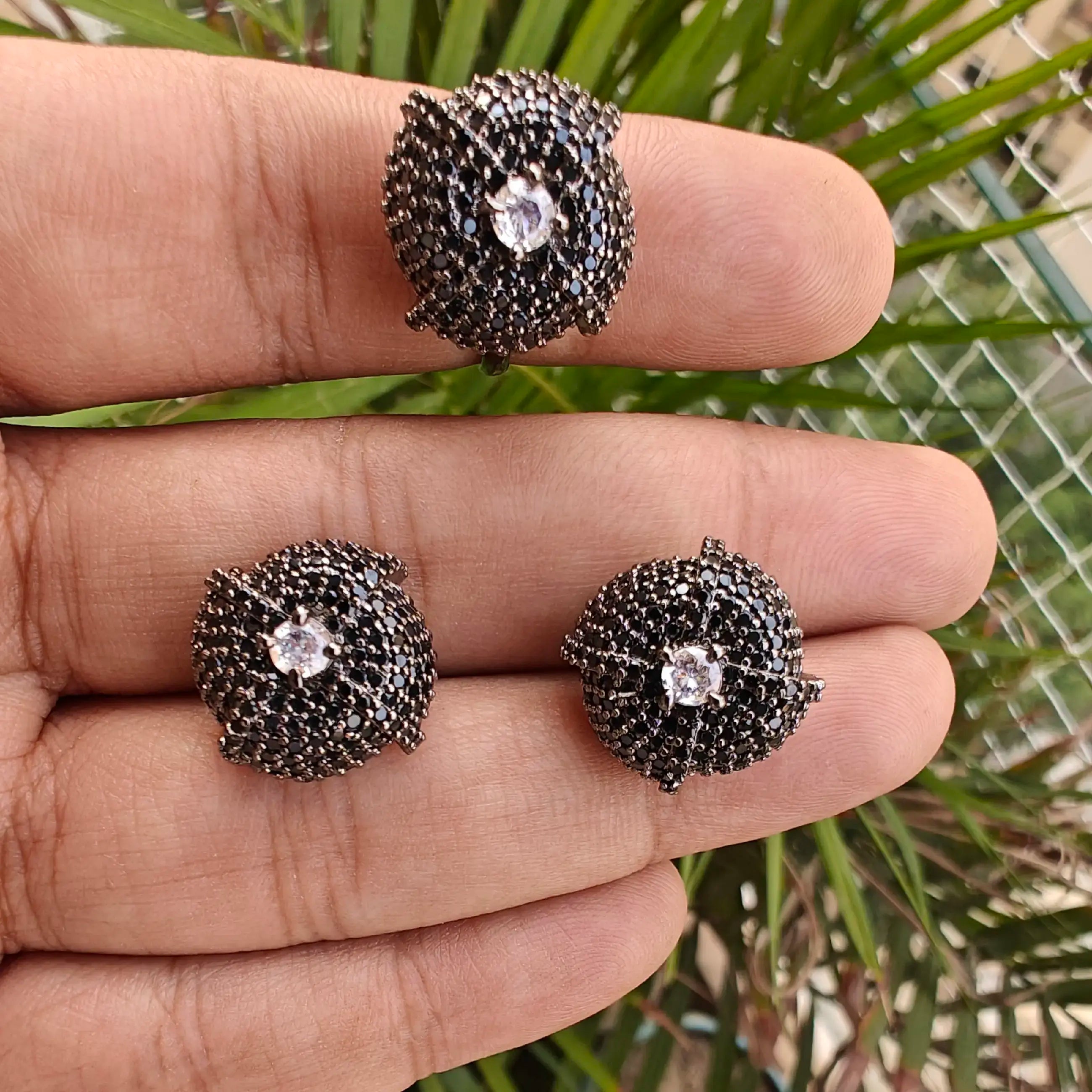 Invisible Setting AD Star Earrings And Ring Combo- Black