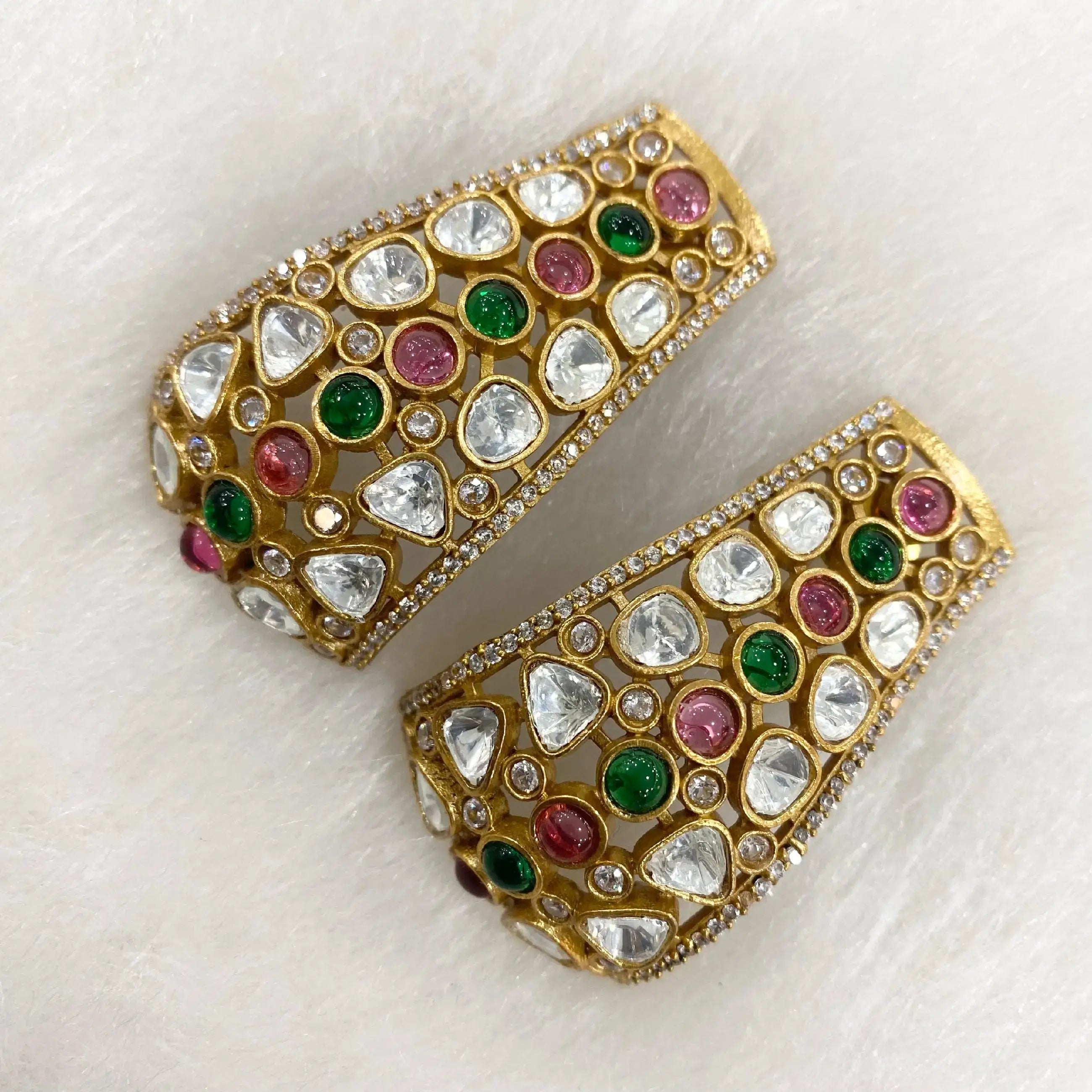 Saahima Uncut Polki Moissanite Statement Earrings- Green And Ruby