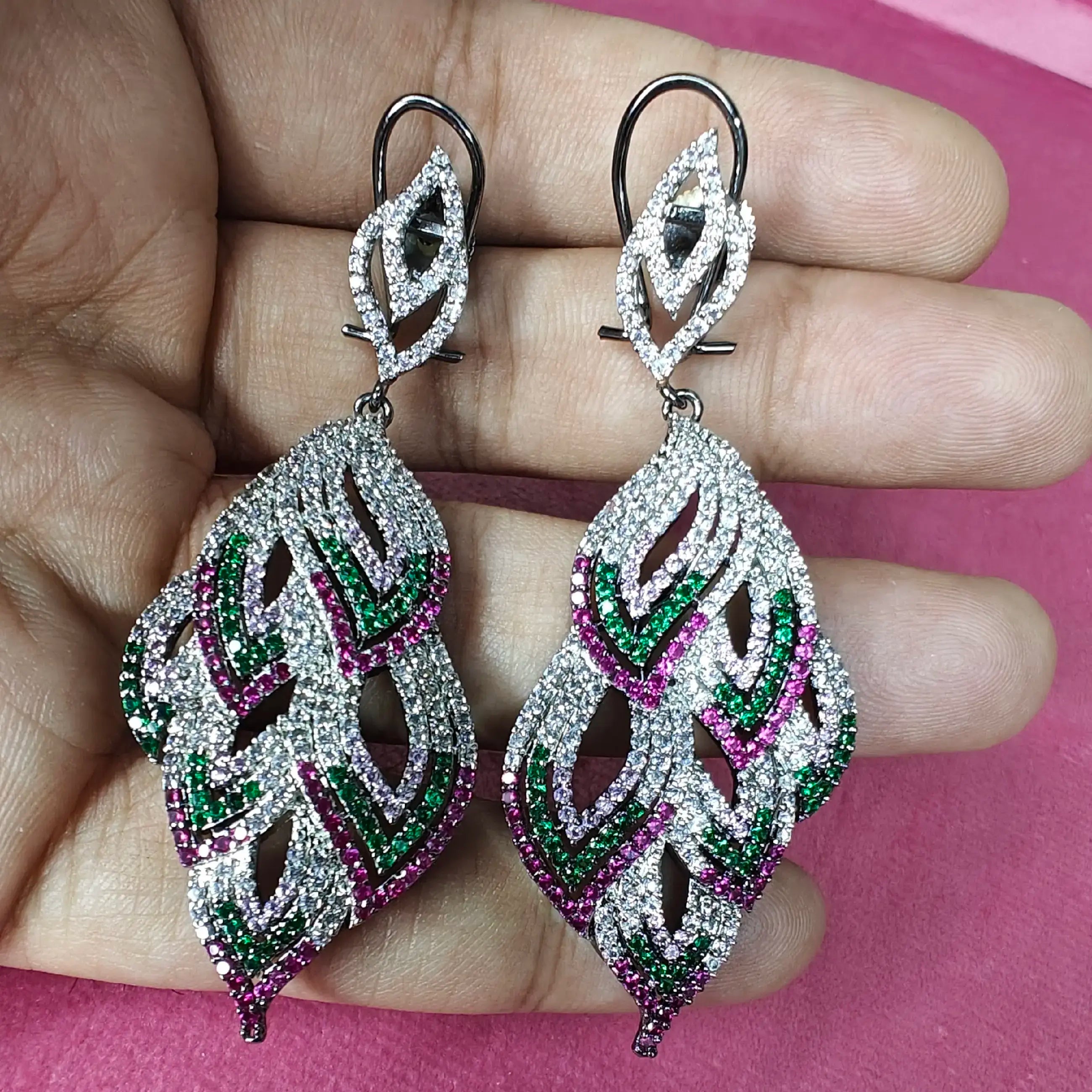 Mayuri Nano AD Premium Earrings- Green And Pink