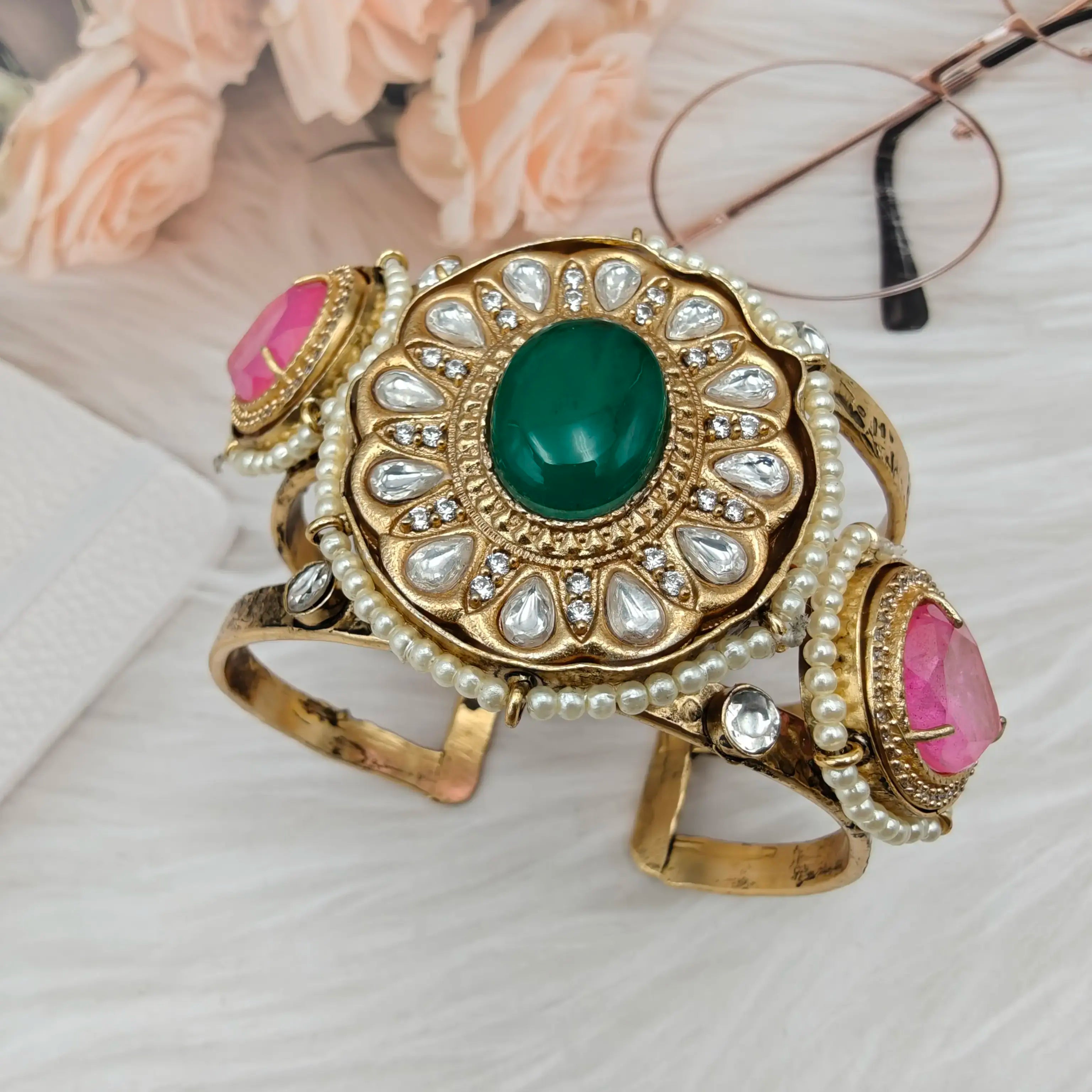 Zara Handcrafted Doublet Brass Fusion Handcuff- Pink n Green