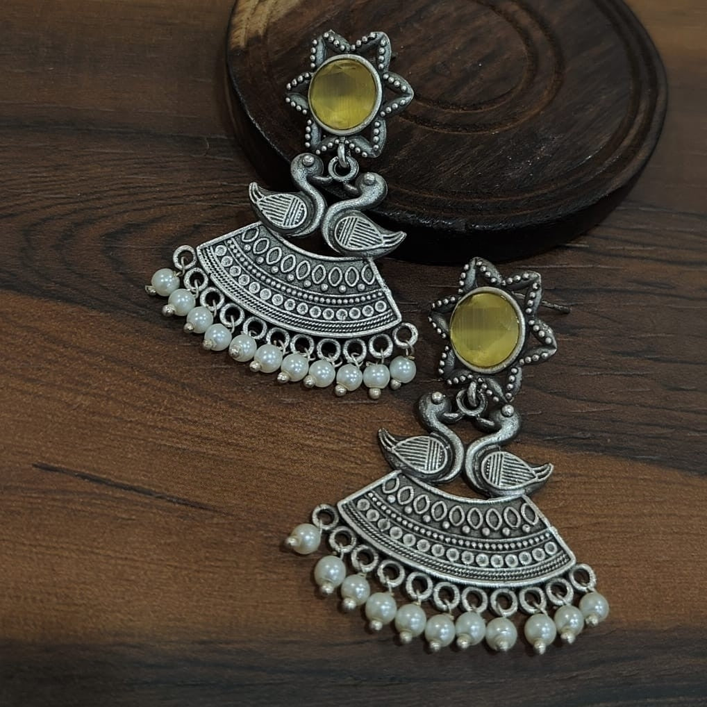 Gehna Peacock Silver Replica Earrings- Yellow