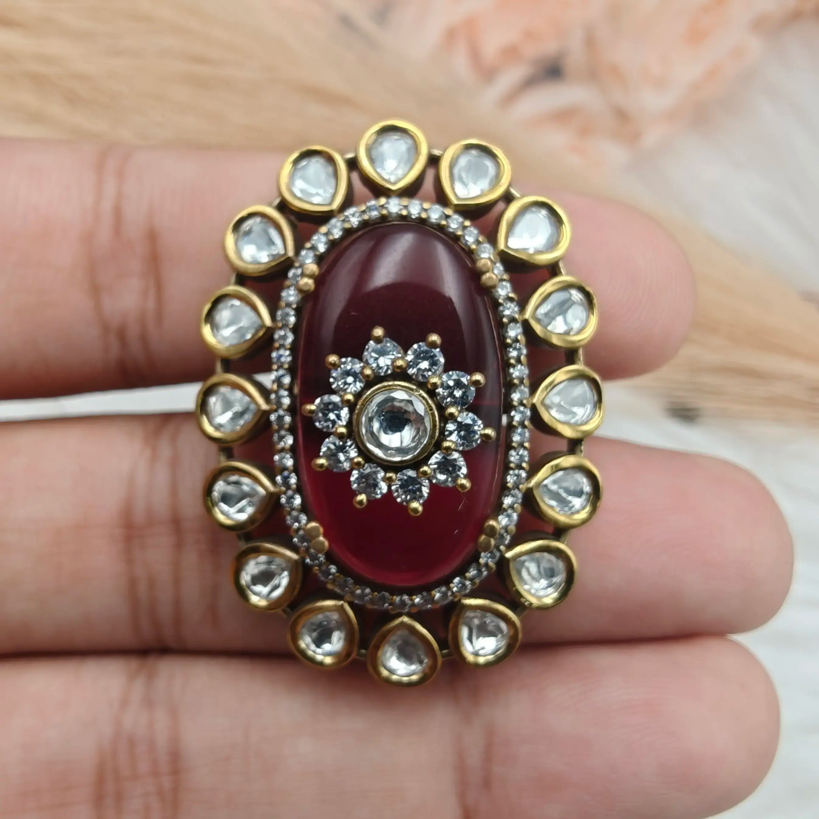 Shafa Uncut Polki Moissanite Ring- Maroon