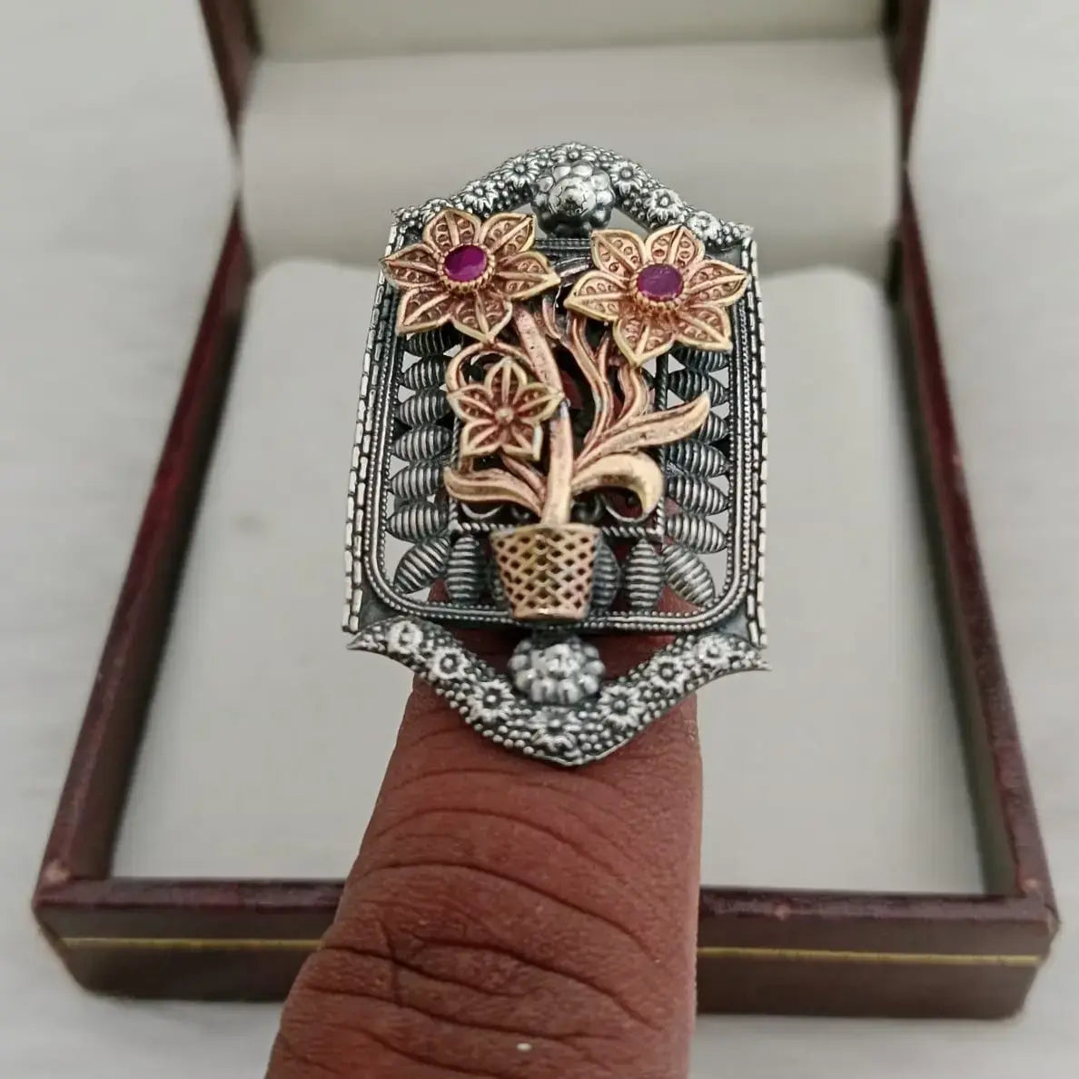 Dual Tone Brass Ring- Ruby