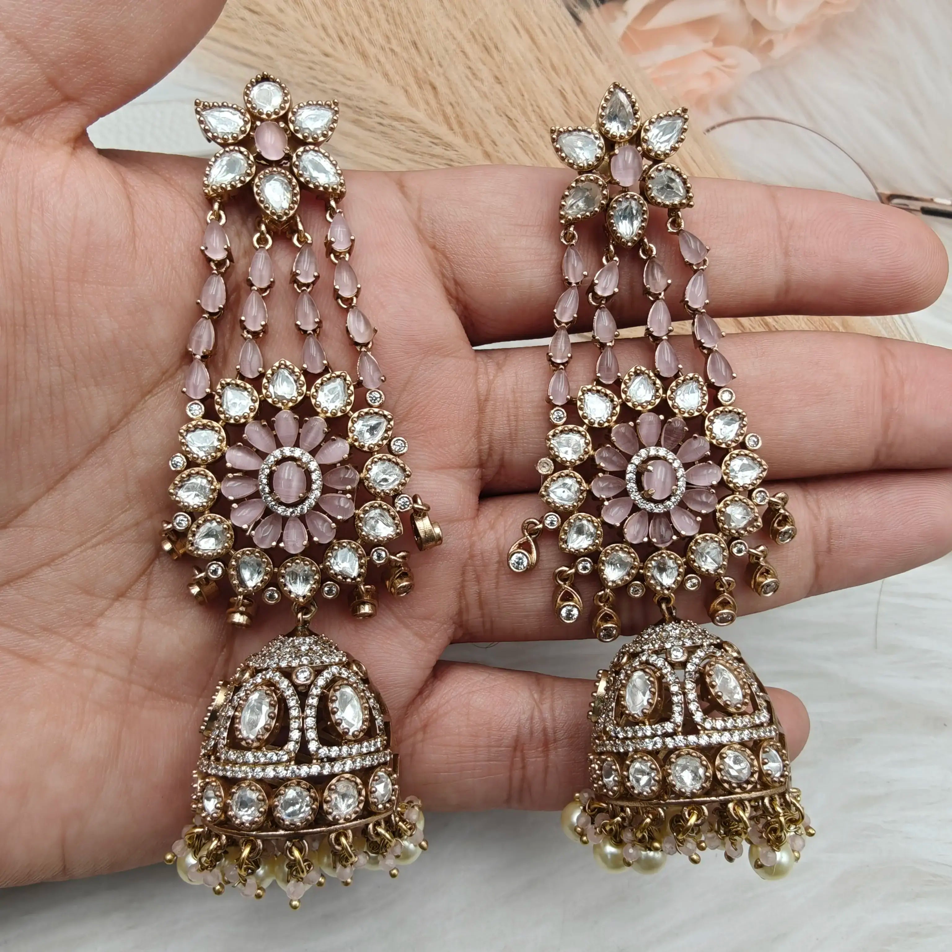 Nazaakat Moissanite Polki Premium Jhumki- Pink