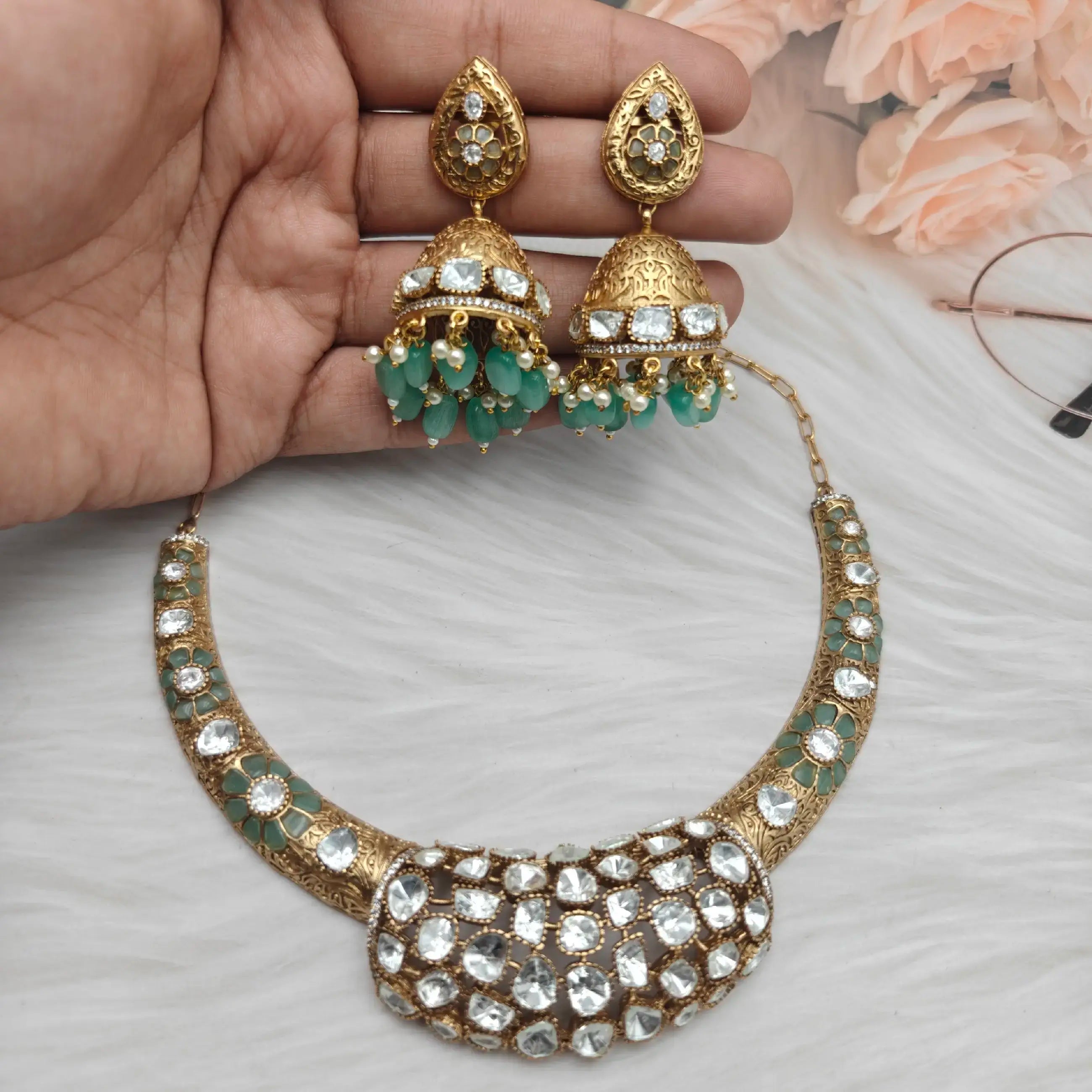 Sayali Uncut Moissanite Hasli Necklace Set - Green Fluorite (Mint)
