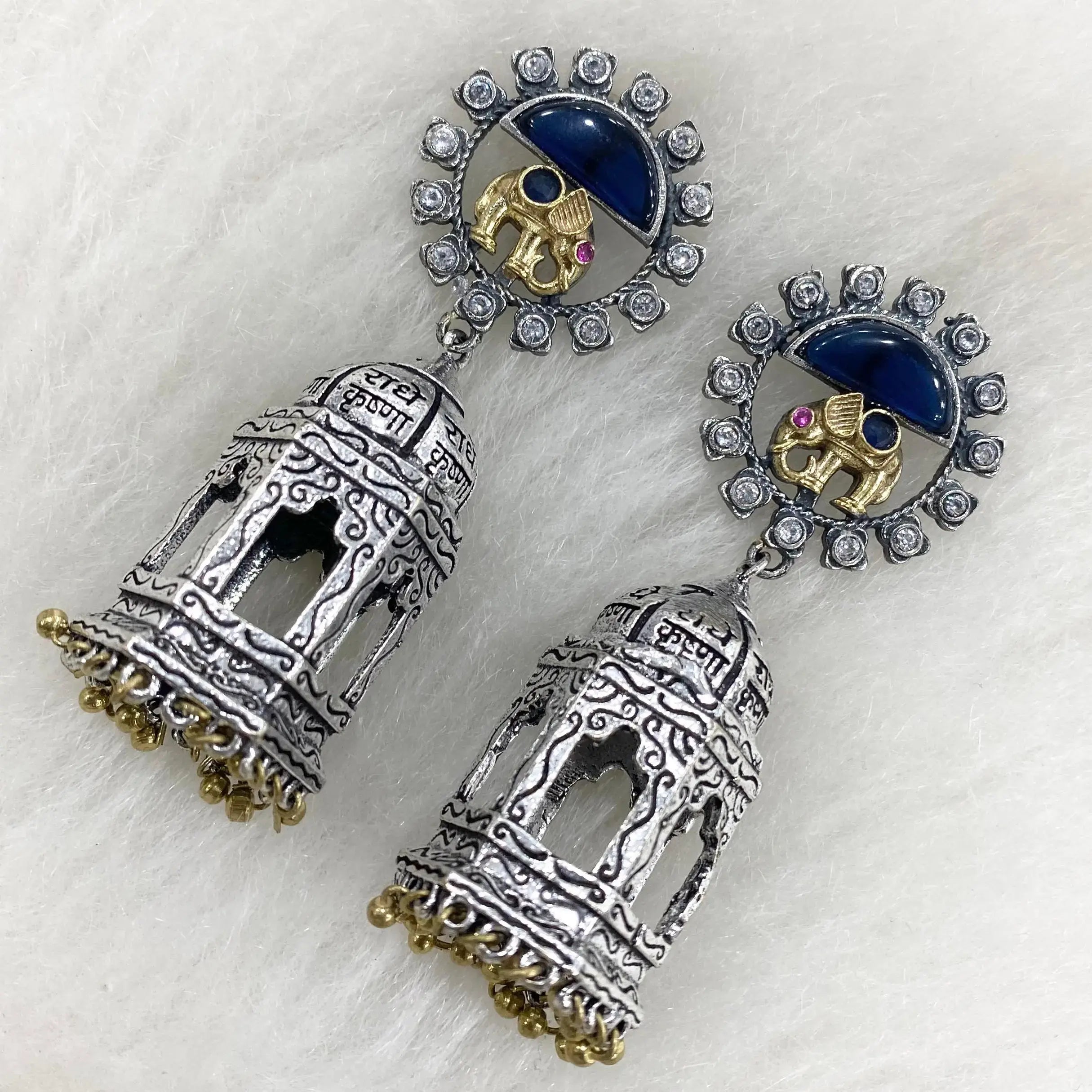 Radha German Silver Oxidised Jhumki - Blue