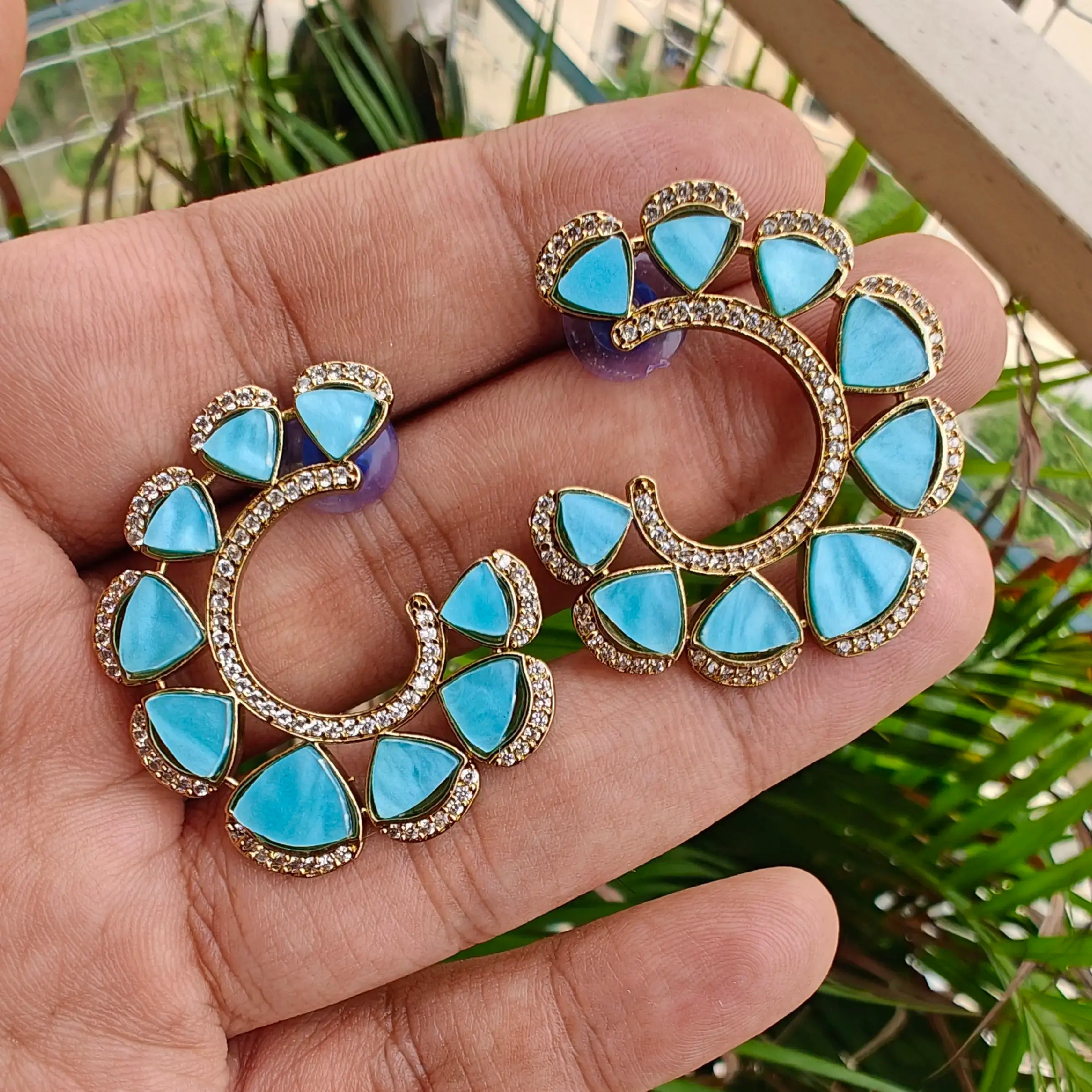 Aaryah Shell Stone Statement Earrings - Sky Blue