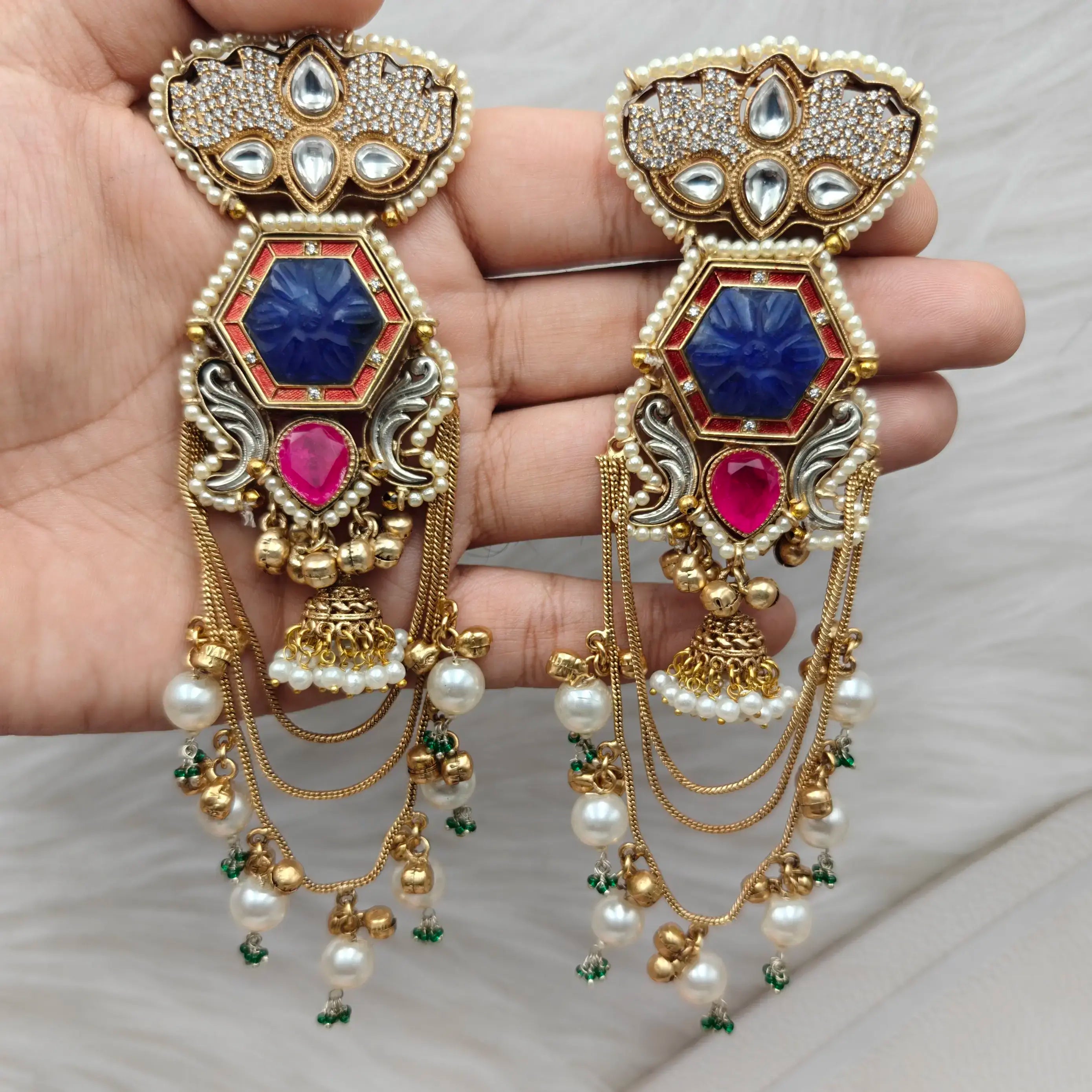 Farhana Brass Fusion Kashmiri Earrings - Blue n Hot Pink