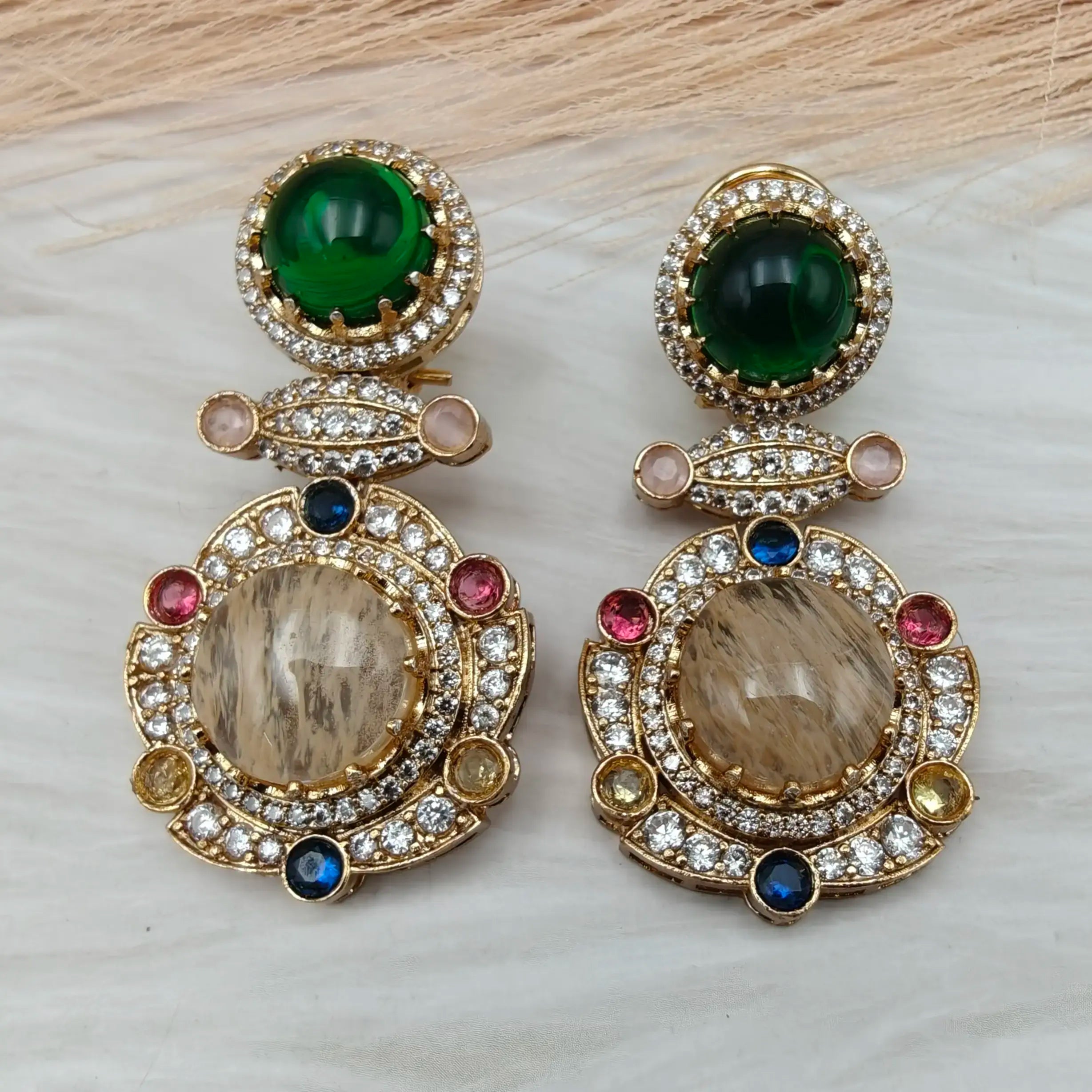 Zahana Natural Stones Statement Earrings- Green n Beige