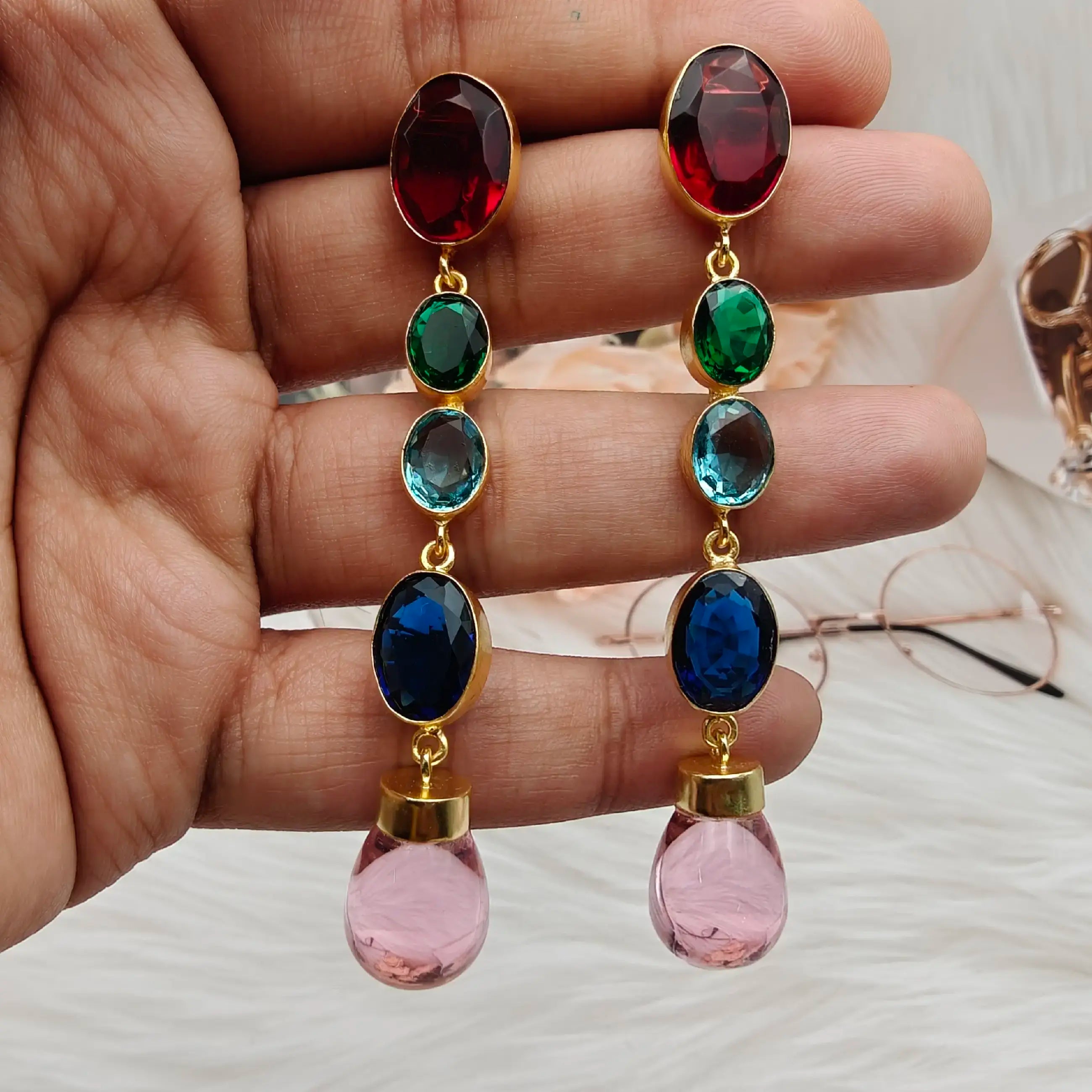 Khumaar Crystal Long Dangler- Pink Multi