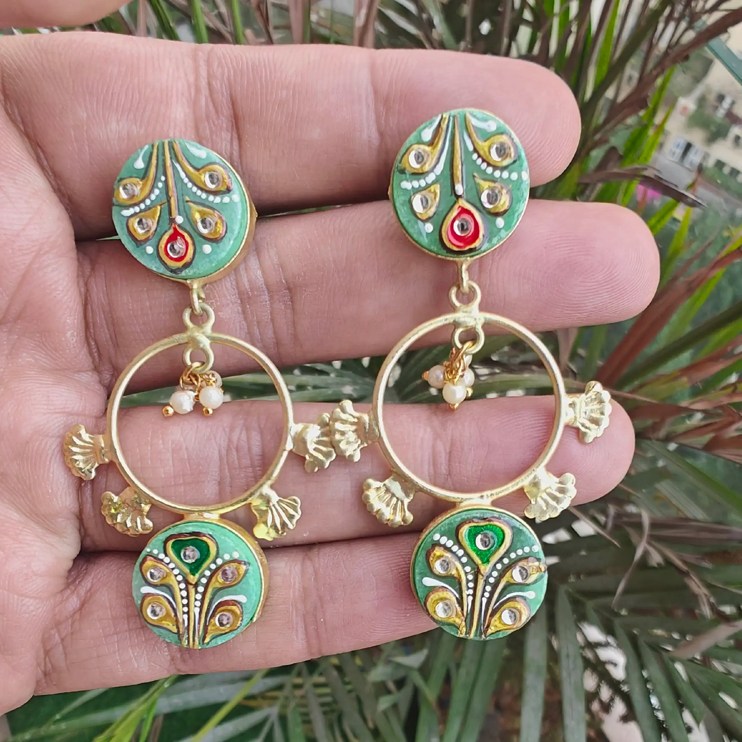 Tanjore Druzy Earrings- Mint