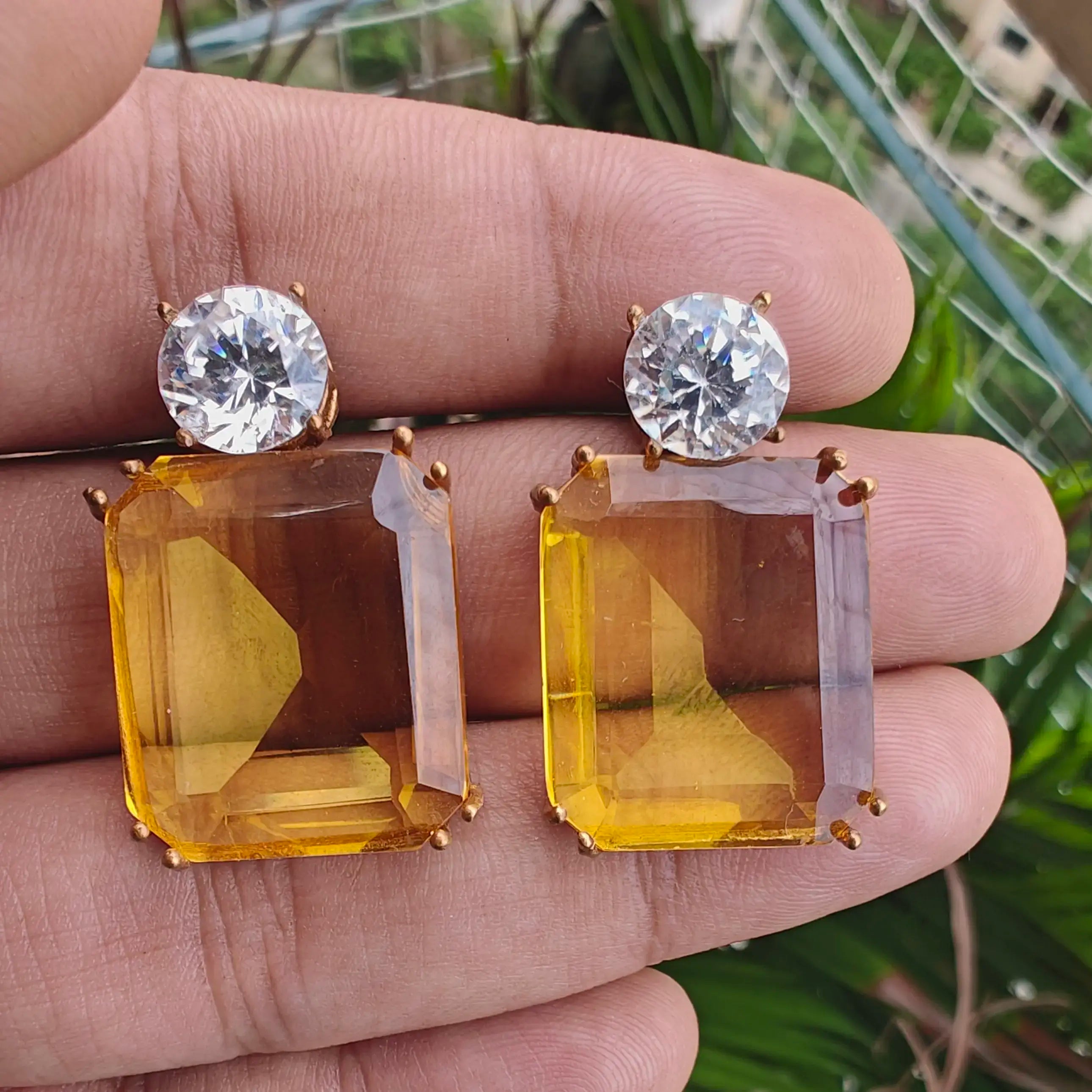 Pihu Trans Stone Earrings - Yellow (Gold Finish)