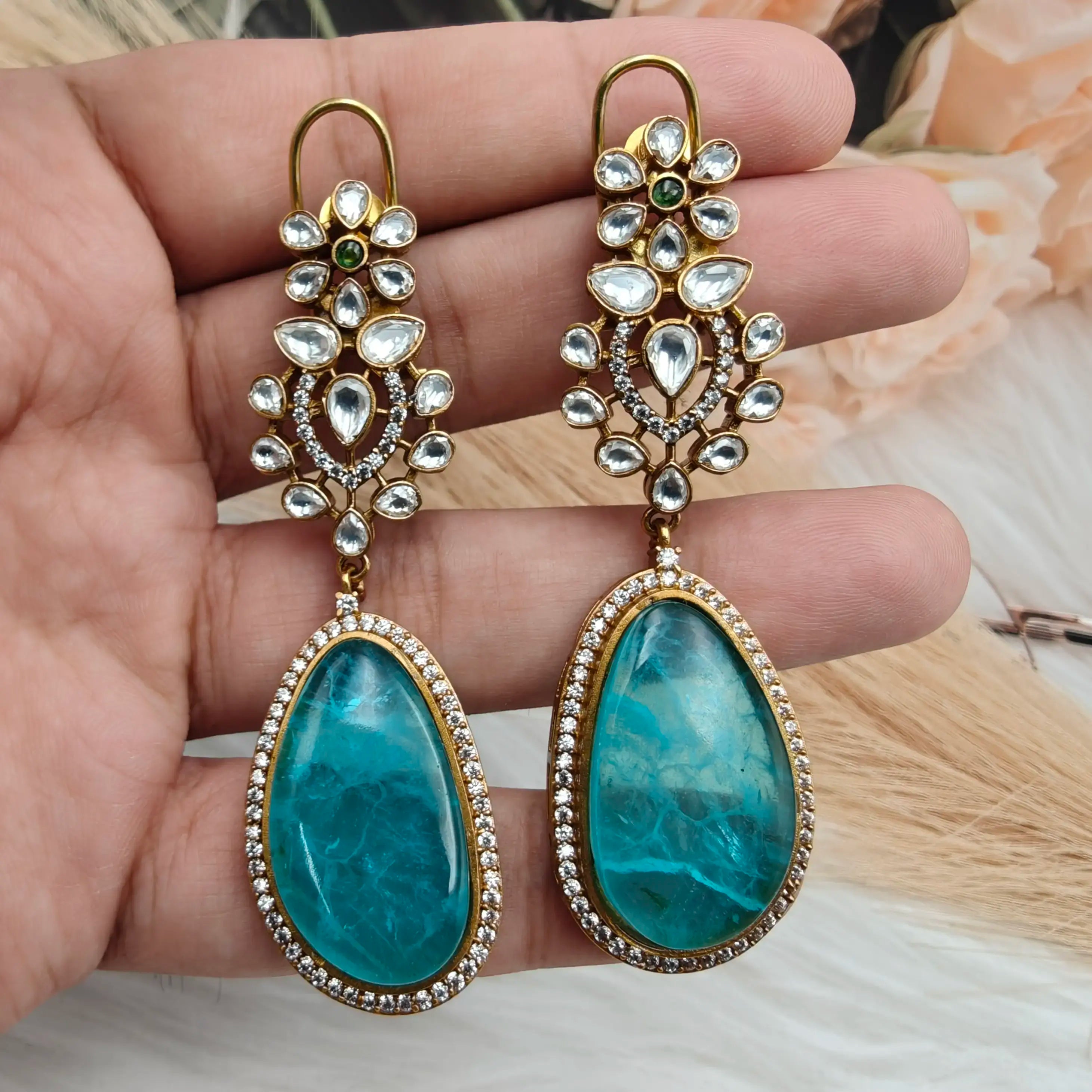 Atreyi Uncut Polki and Doublet Earrings - Turquoise
