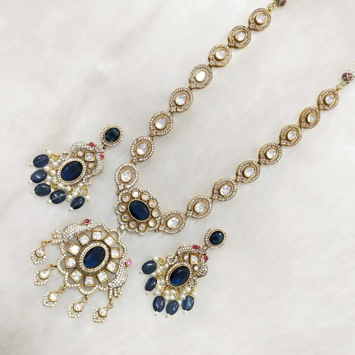 Hannah Uncut Polki Necklace Set- Blue