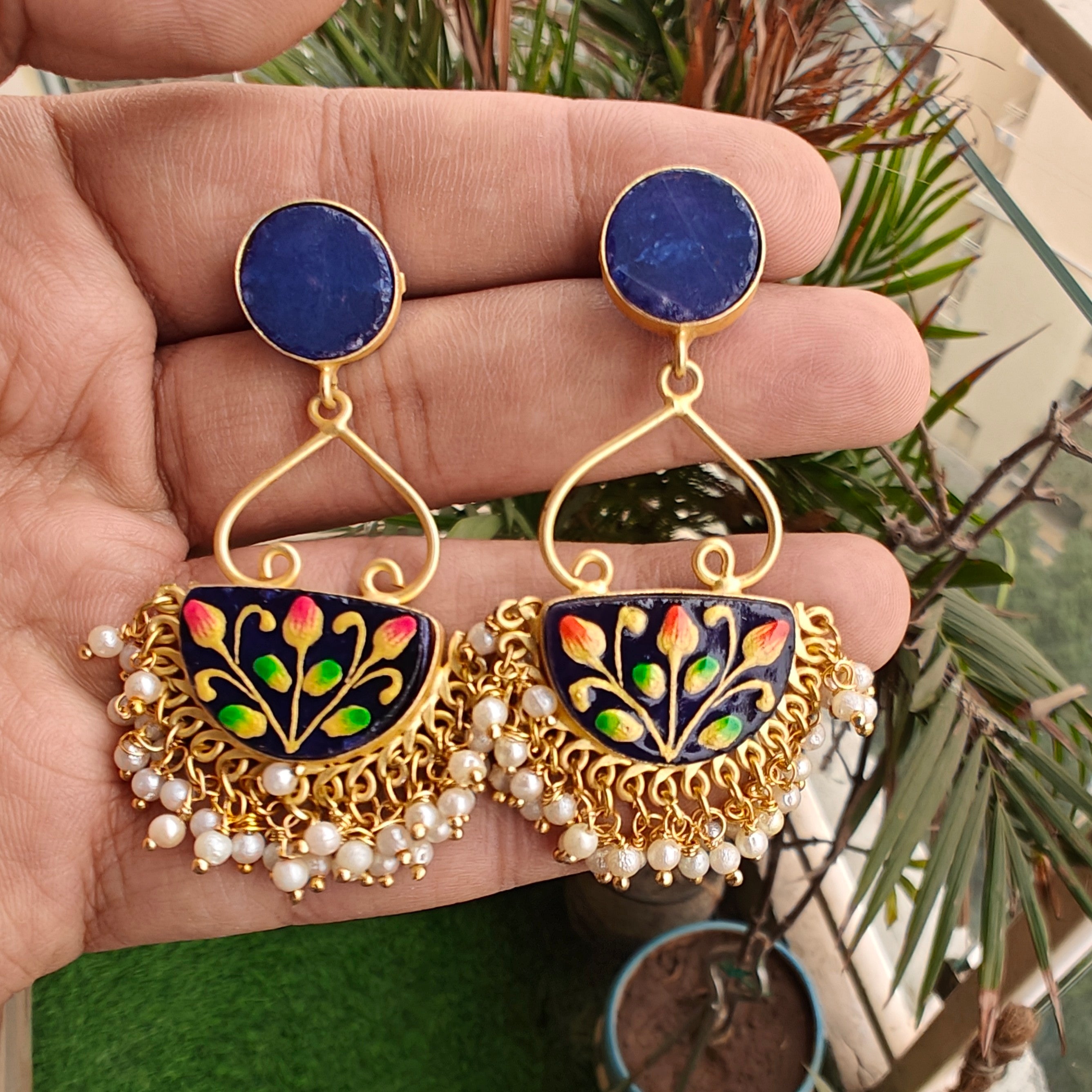 Tanjore Druzy Earrings- Blue
