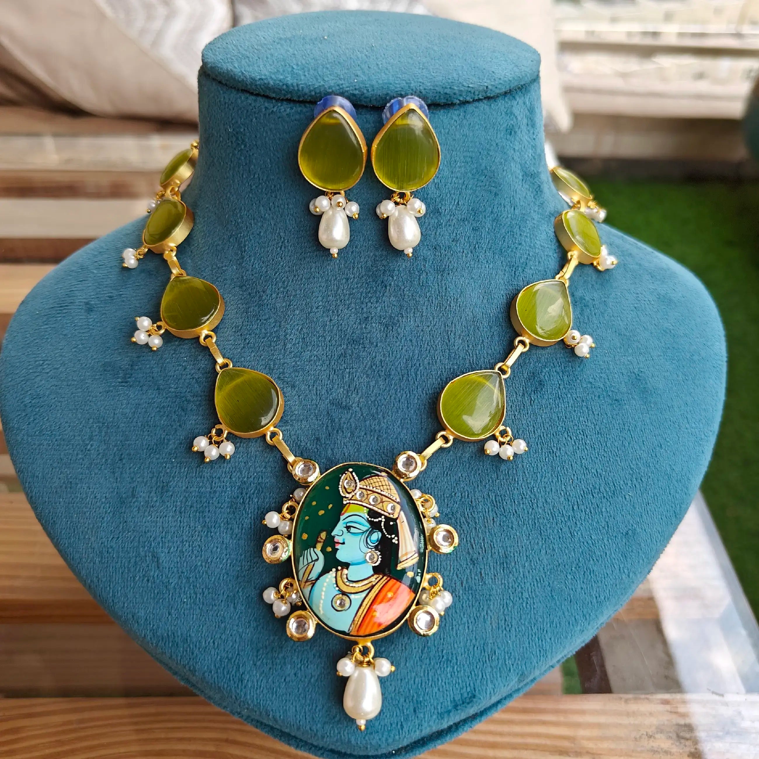 Krishna Tanjore Monalisa Mogra Moti Necklace Set- Parrot Green