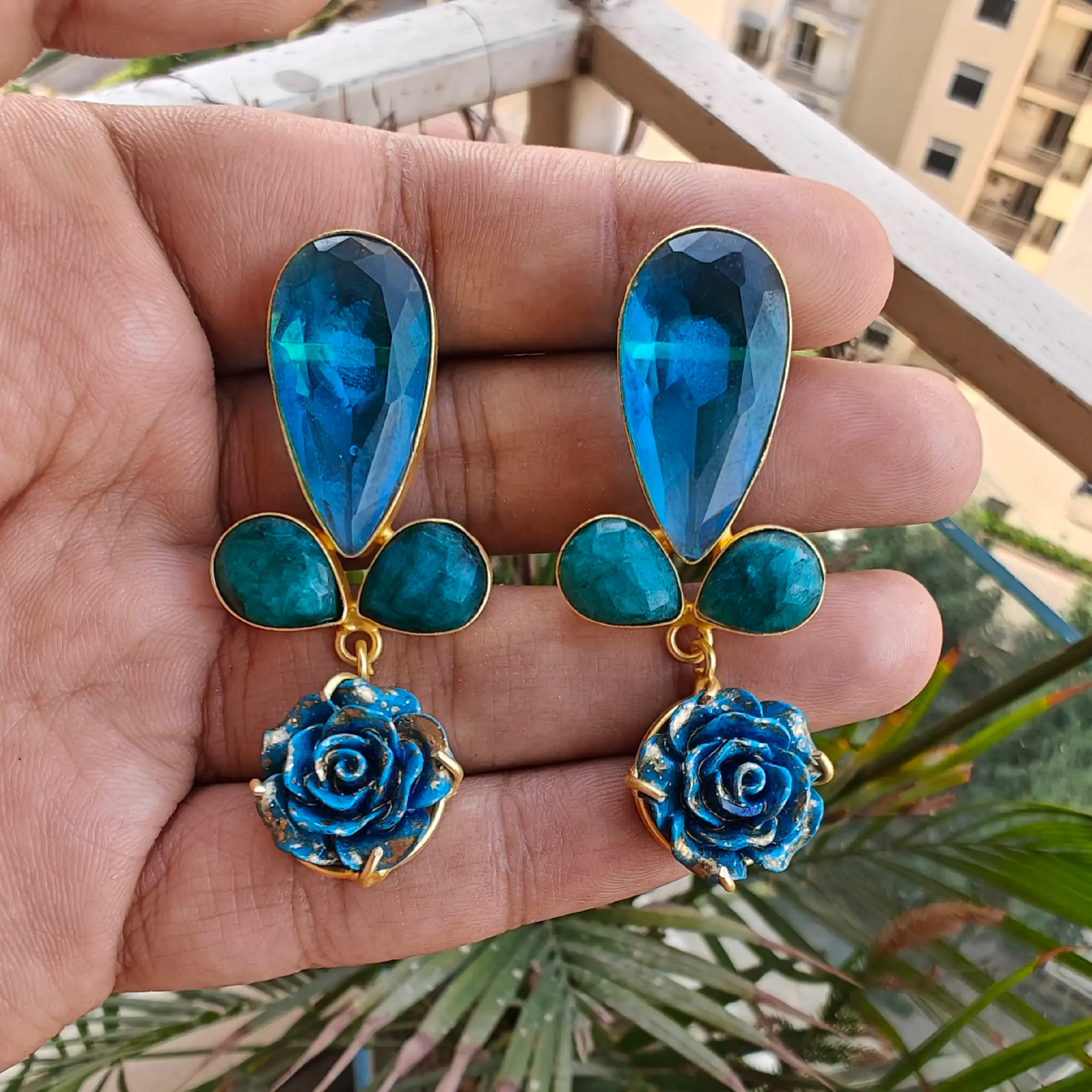 Nagma Rose Statement Earrings- Teal Blue