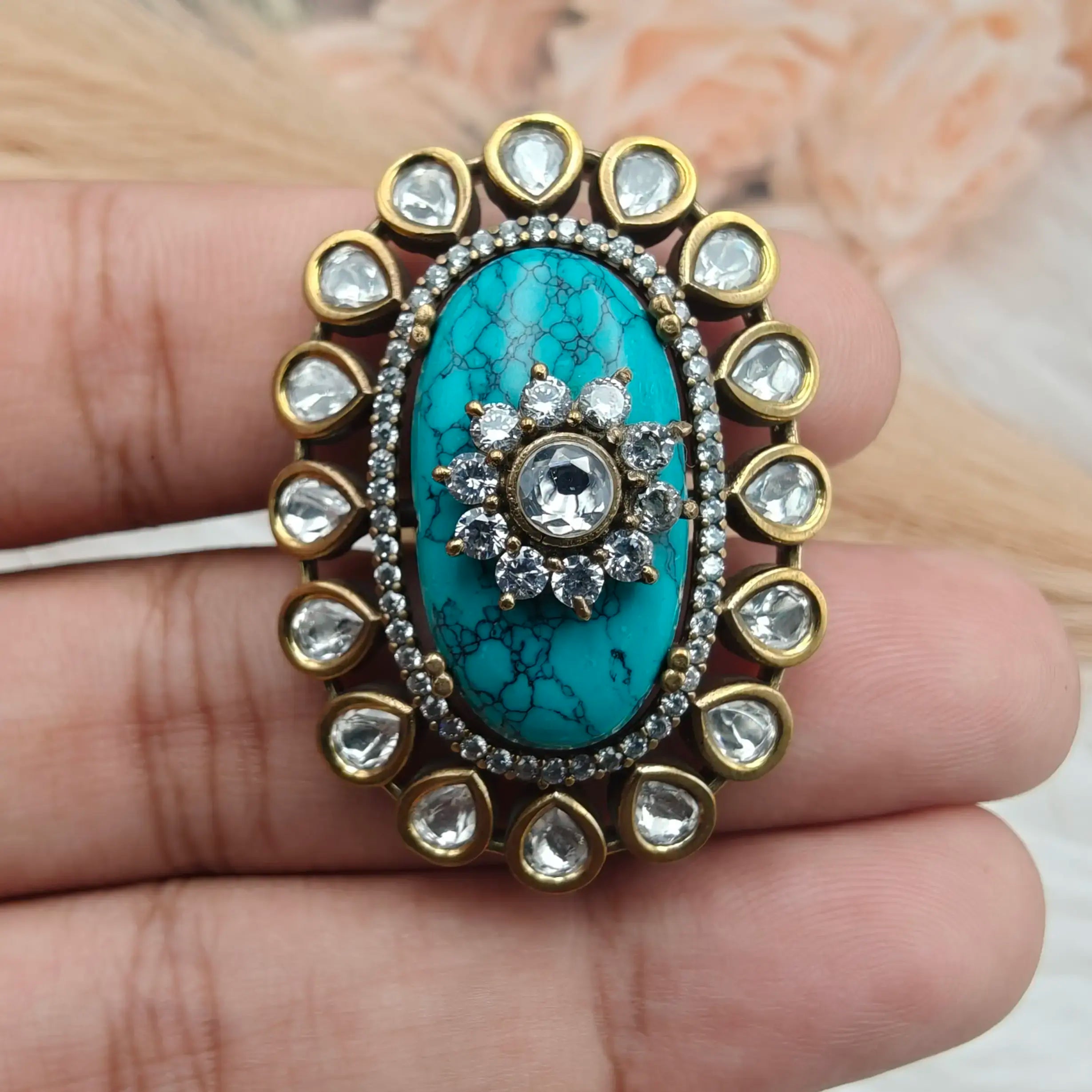 Shafa Uncut Polki Adjustable Ring - Turquoise