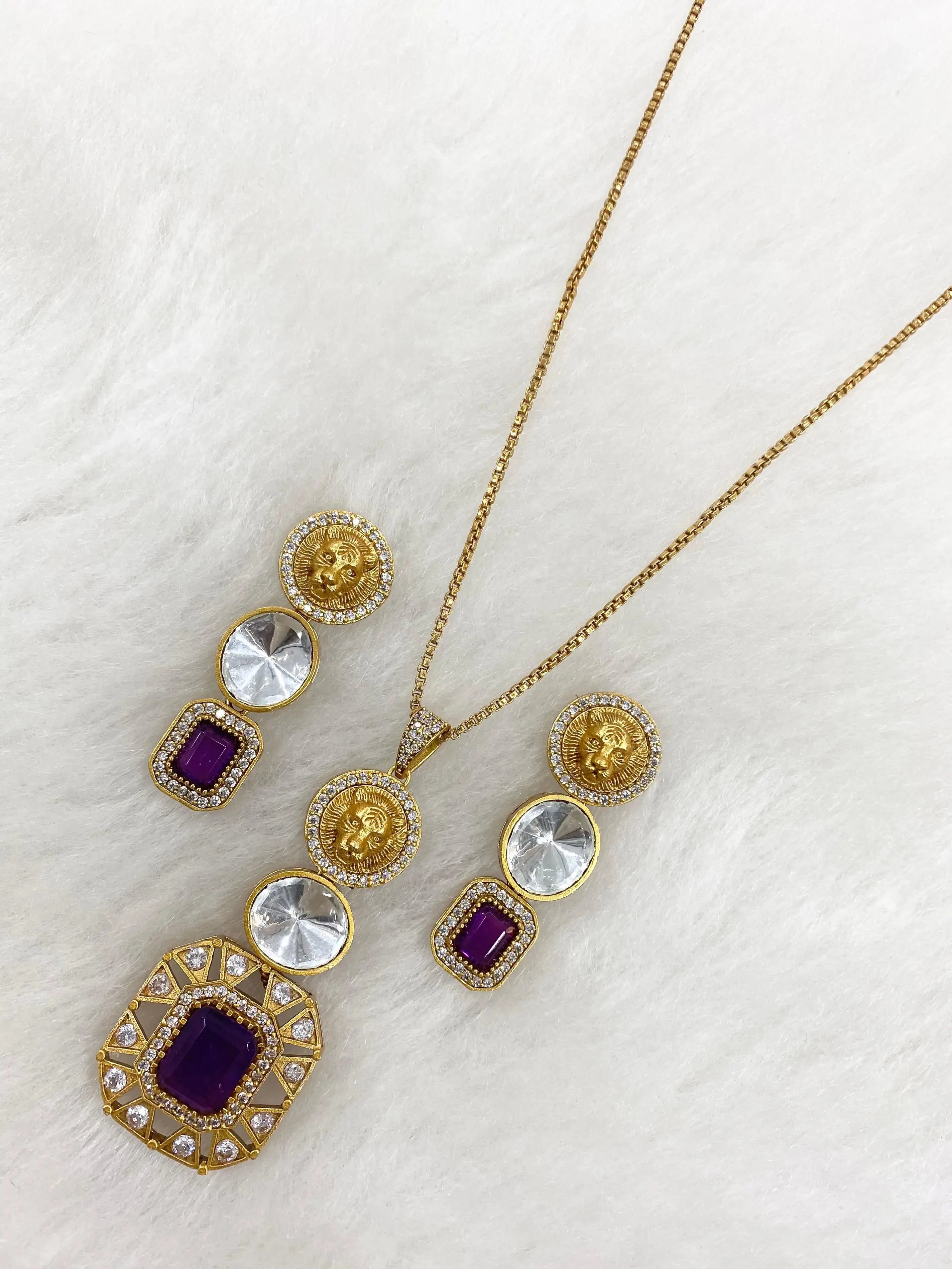 Sabya Inspired Ekisha Doublet and Polki Pendant Set- Purple