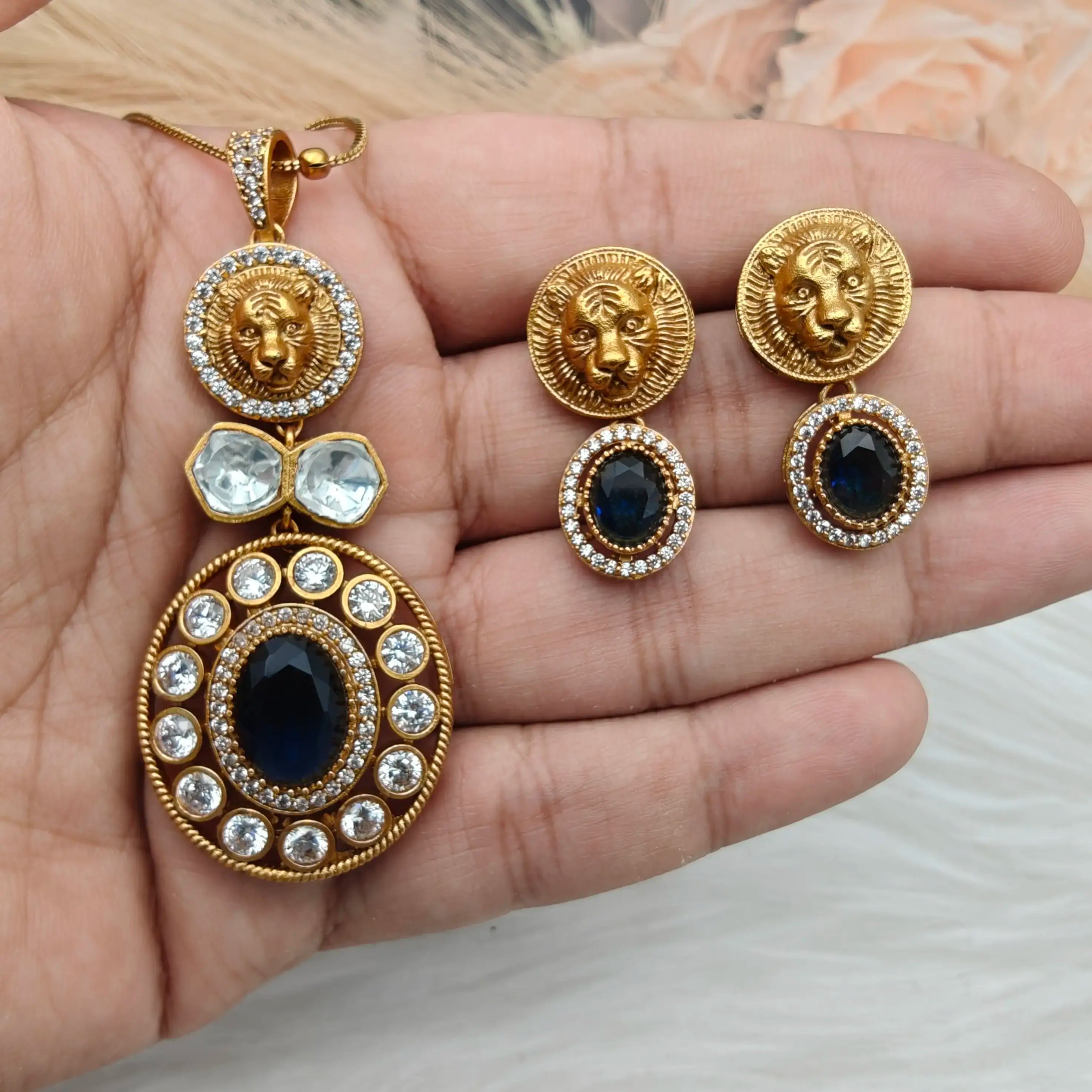 Sabyasachi Inspired Saha Polki Pendant Set - Blue