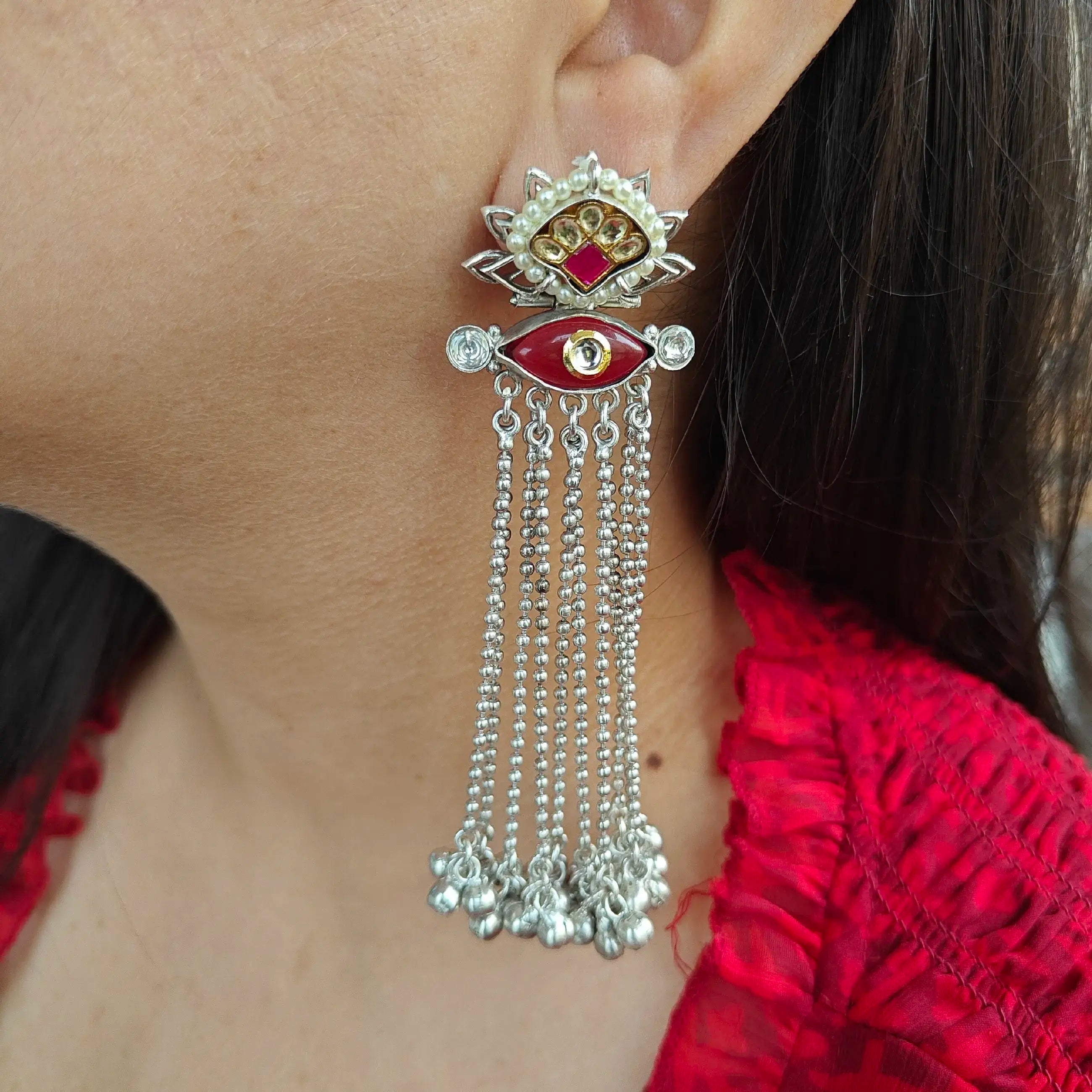 Varini Amrapali Fusion Silver Danglers- Maroon