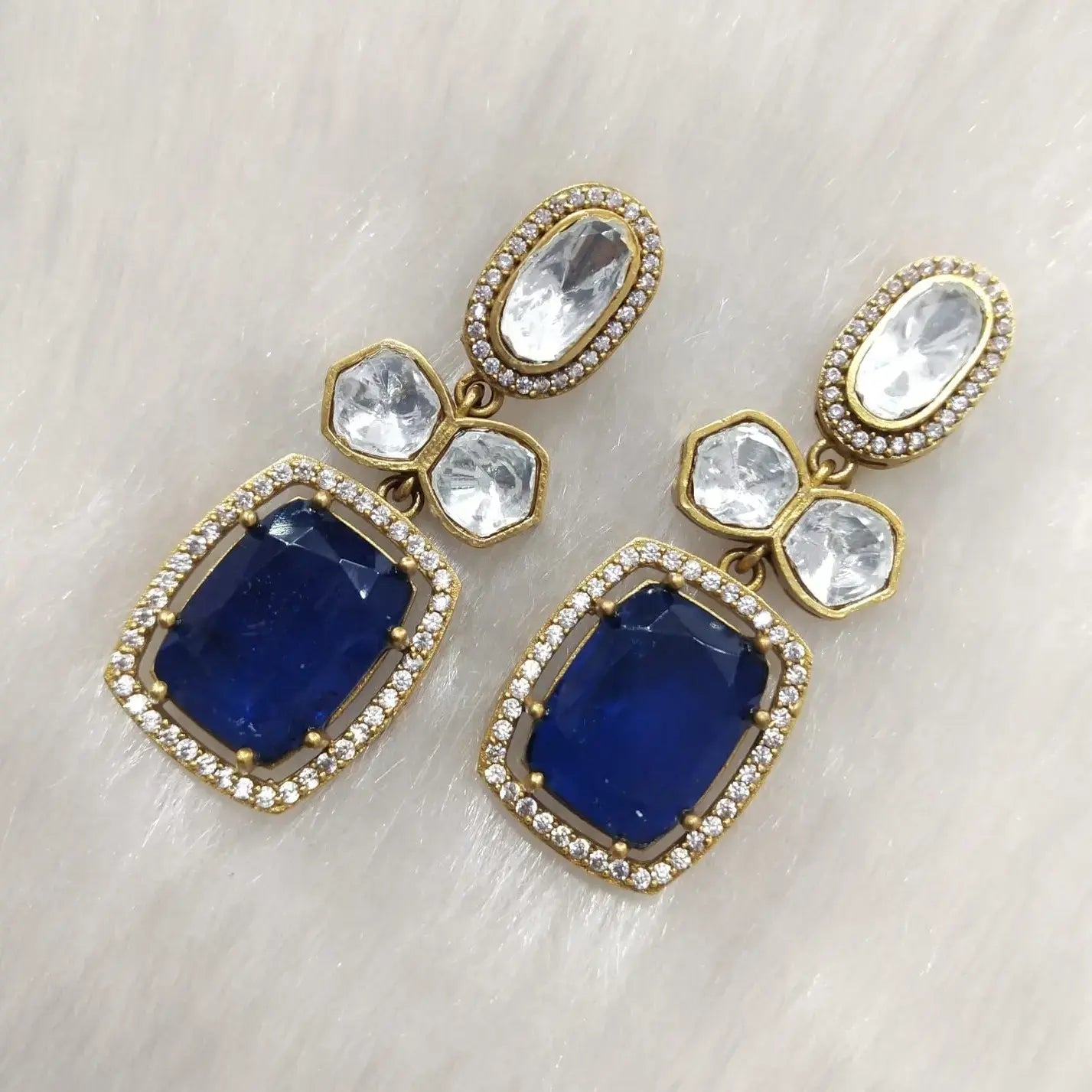 Premium Uncut Polki Sahiba Doublet Earrings- Blue