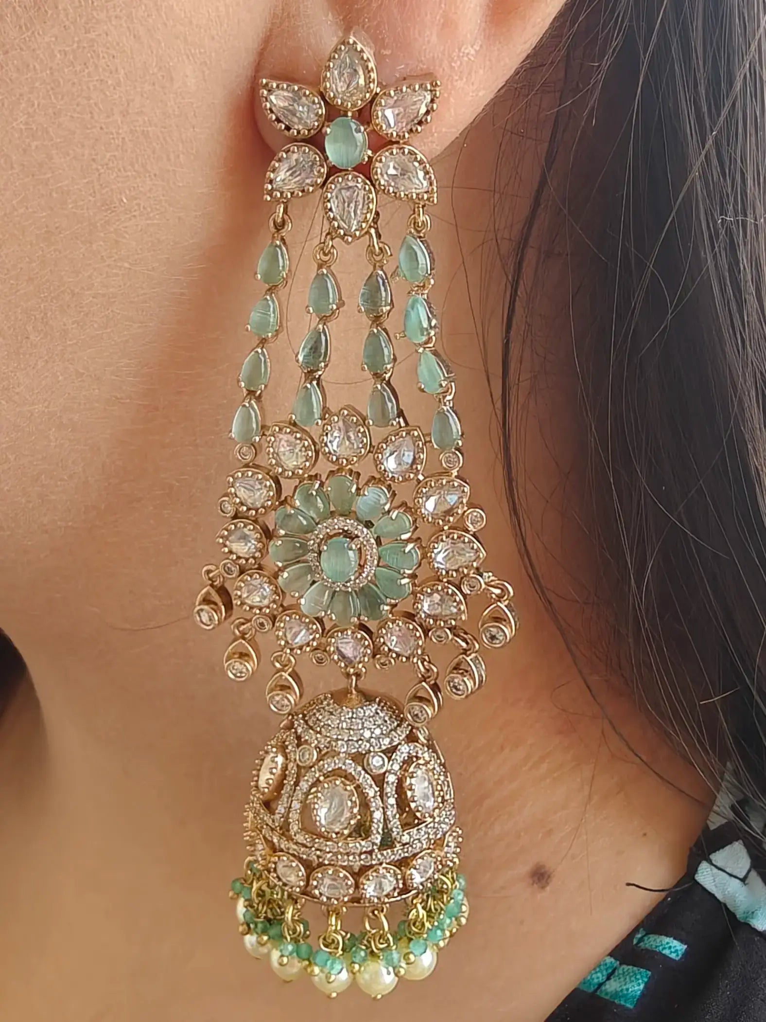 Nazaakat Moissanite Polki Premium Jhumki- Mint