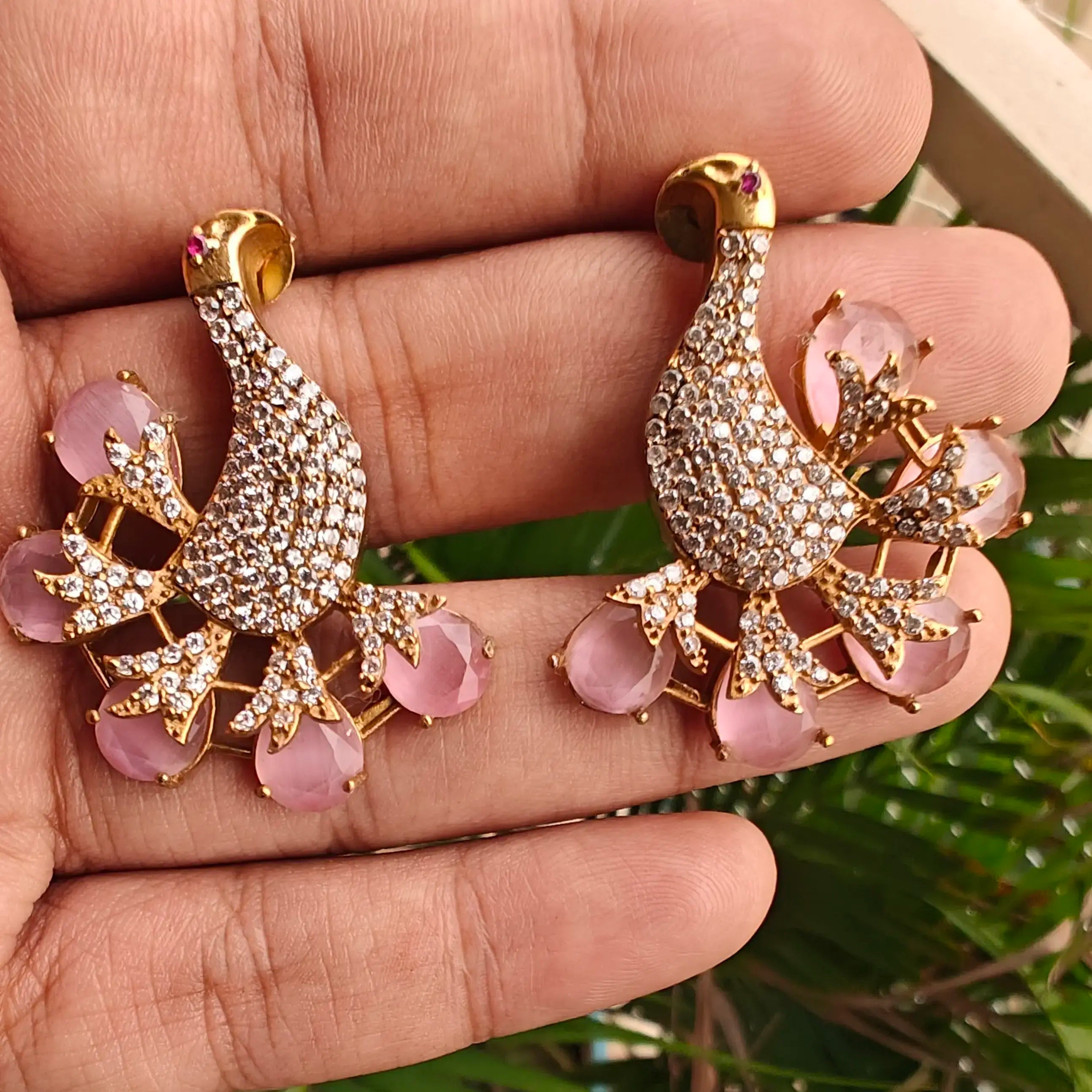 Bird Jadau AD Earrings- Pink