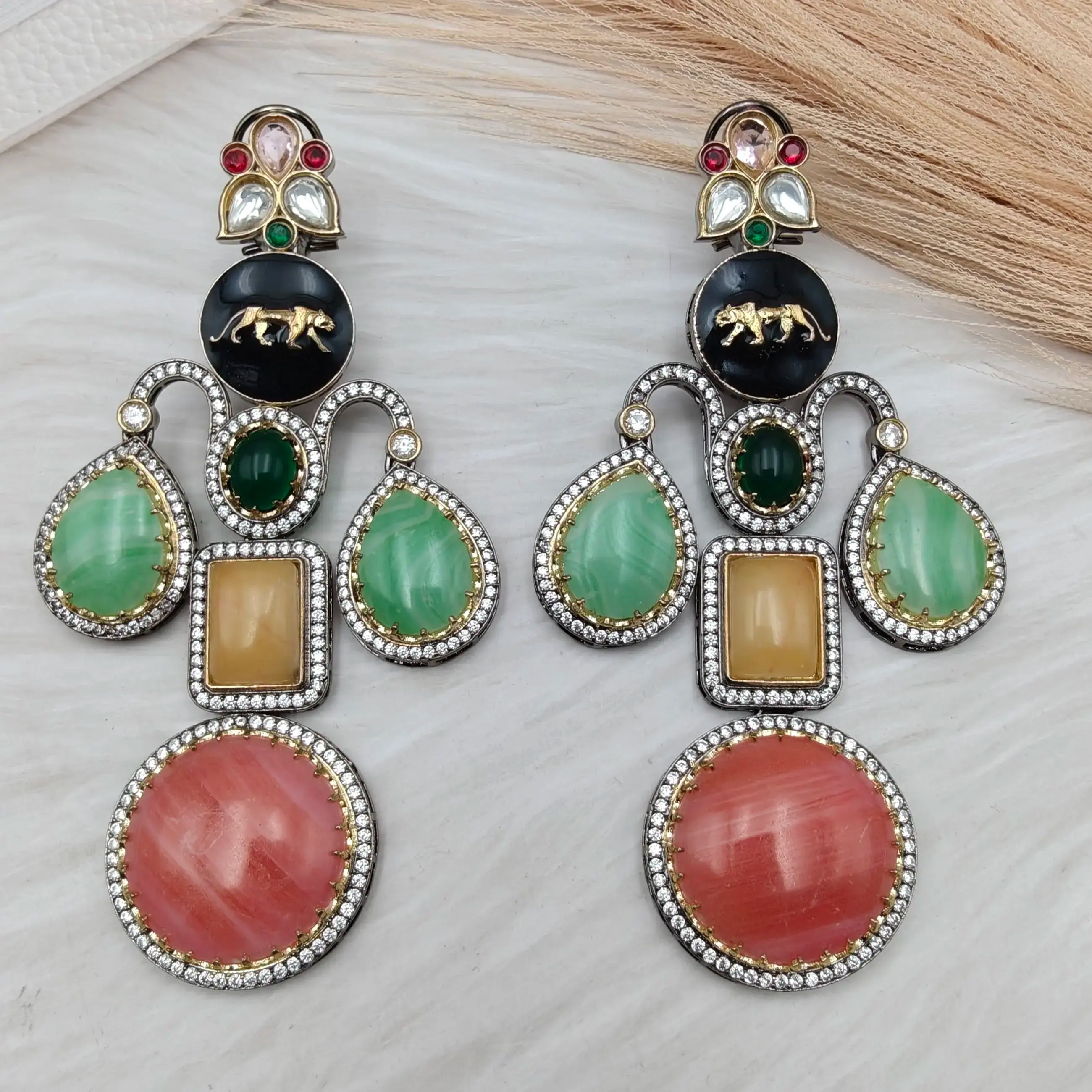 Sabyasachi Inspired Jaguar Masaba Chandelier Earrings- Rhodochrosite Multi
