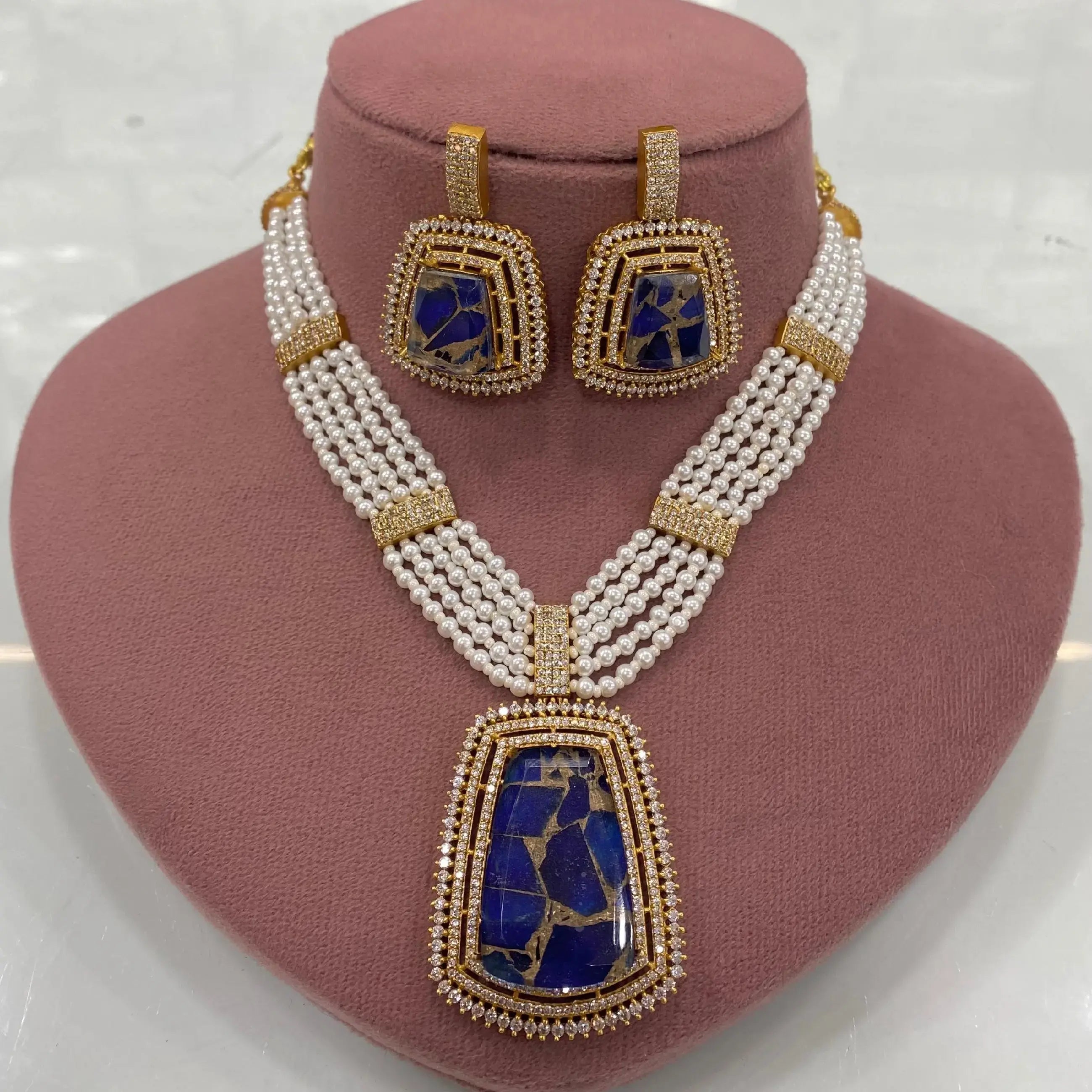 Mastaana Tourmaline Doublet Pearl Necklace Set - Blue