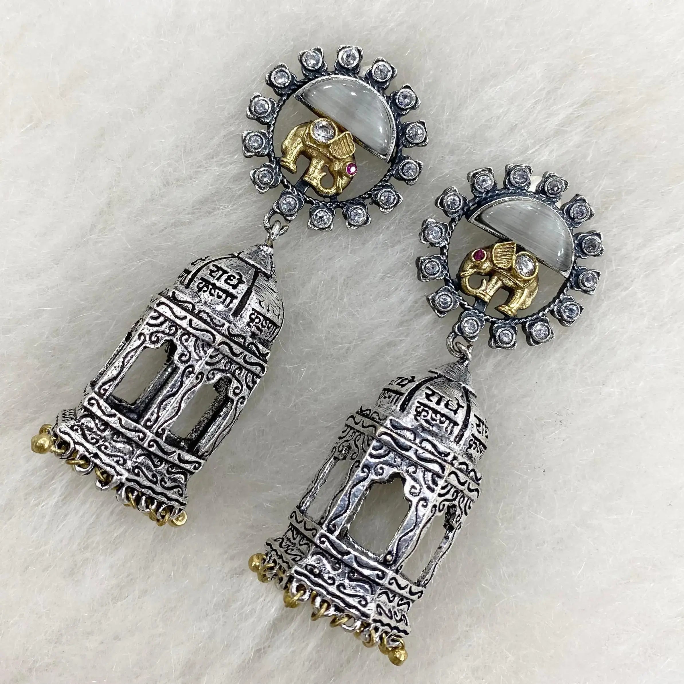 Radha German Silver Oxidised Jhumki - White