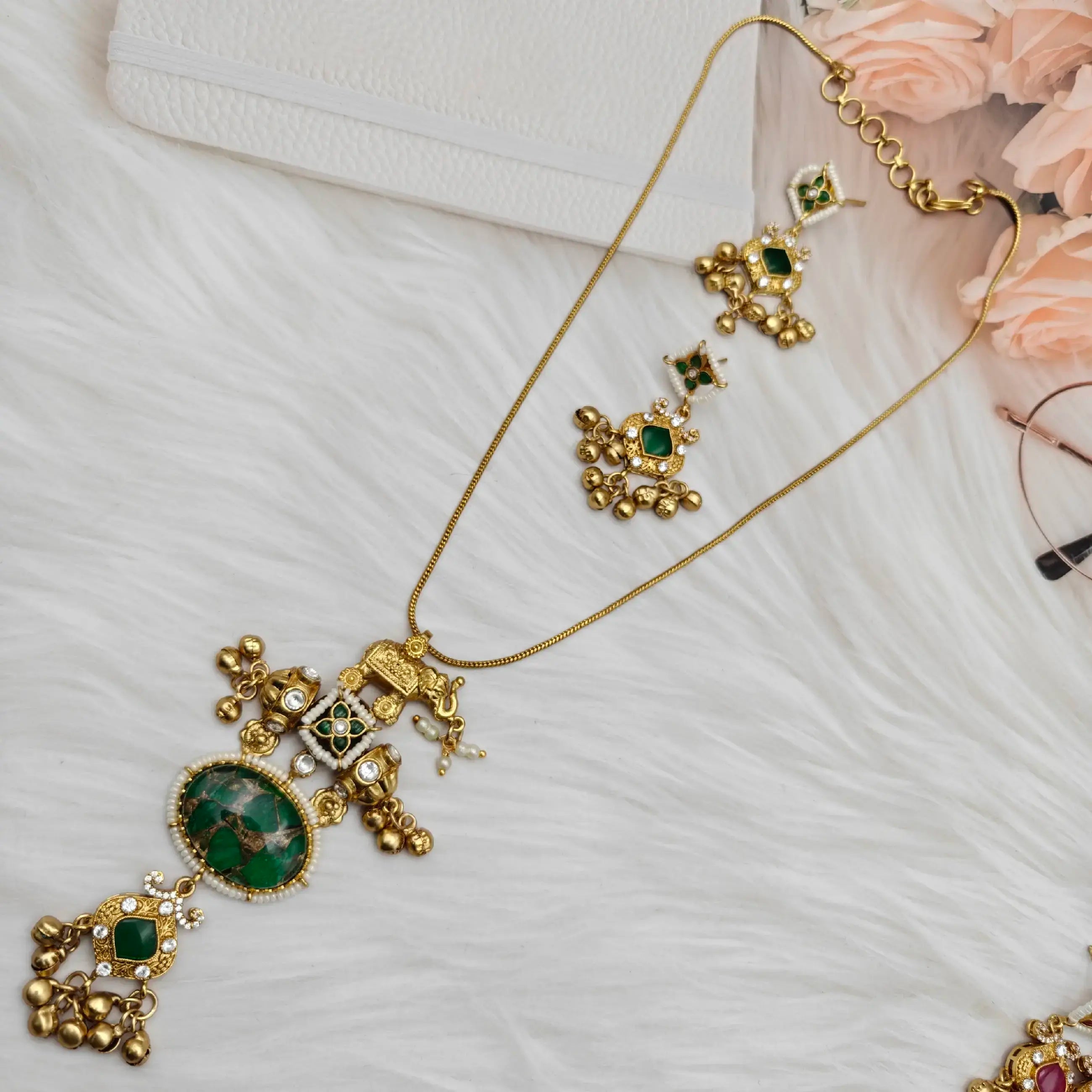 Sarthi Tourmaline Doublet Amrapali Brass Fusion Pendant Set - Green