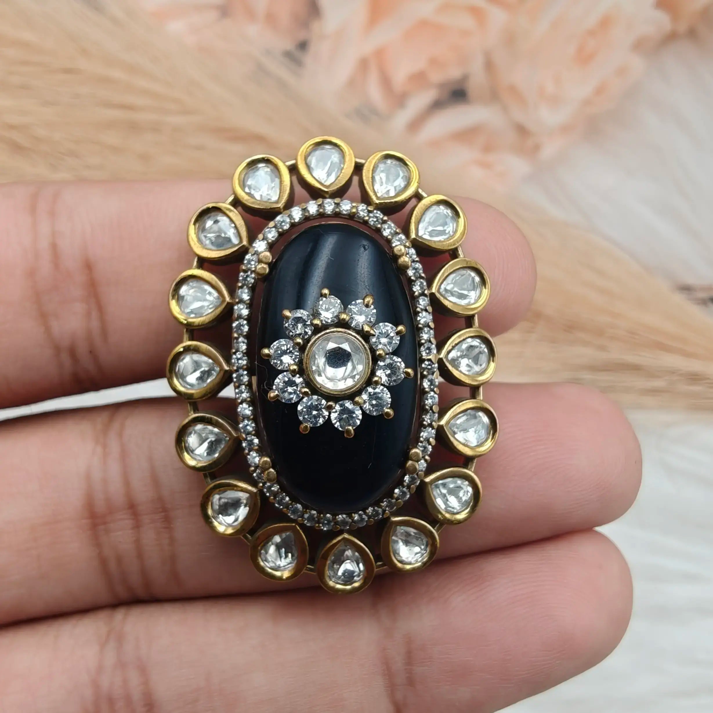 Shafa Uncut Polki Adjustable Ring - Dark Blue