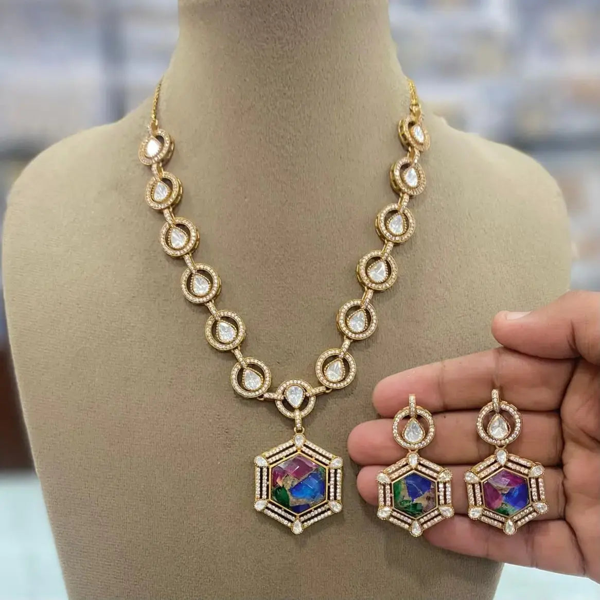 Ashita Tourmaline Doublet Uncut Polki Moissanite Necklace Set - Multi