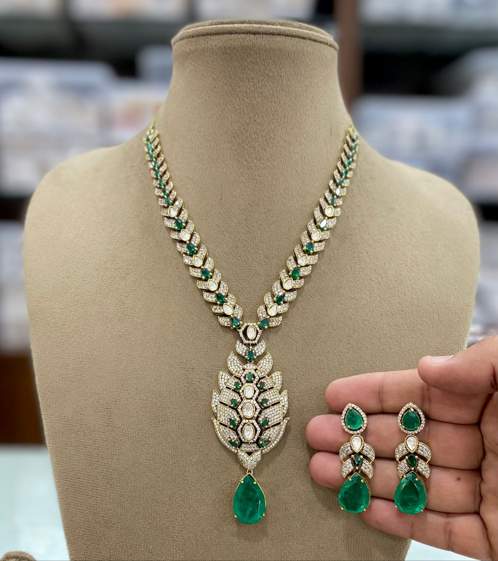 Deepika Inspired Bella Doublet Necklace Set - Emerald Green