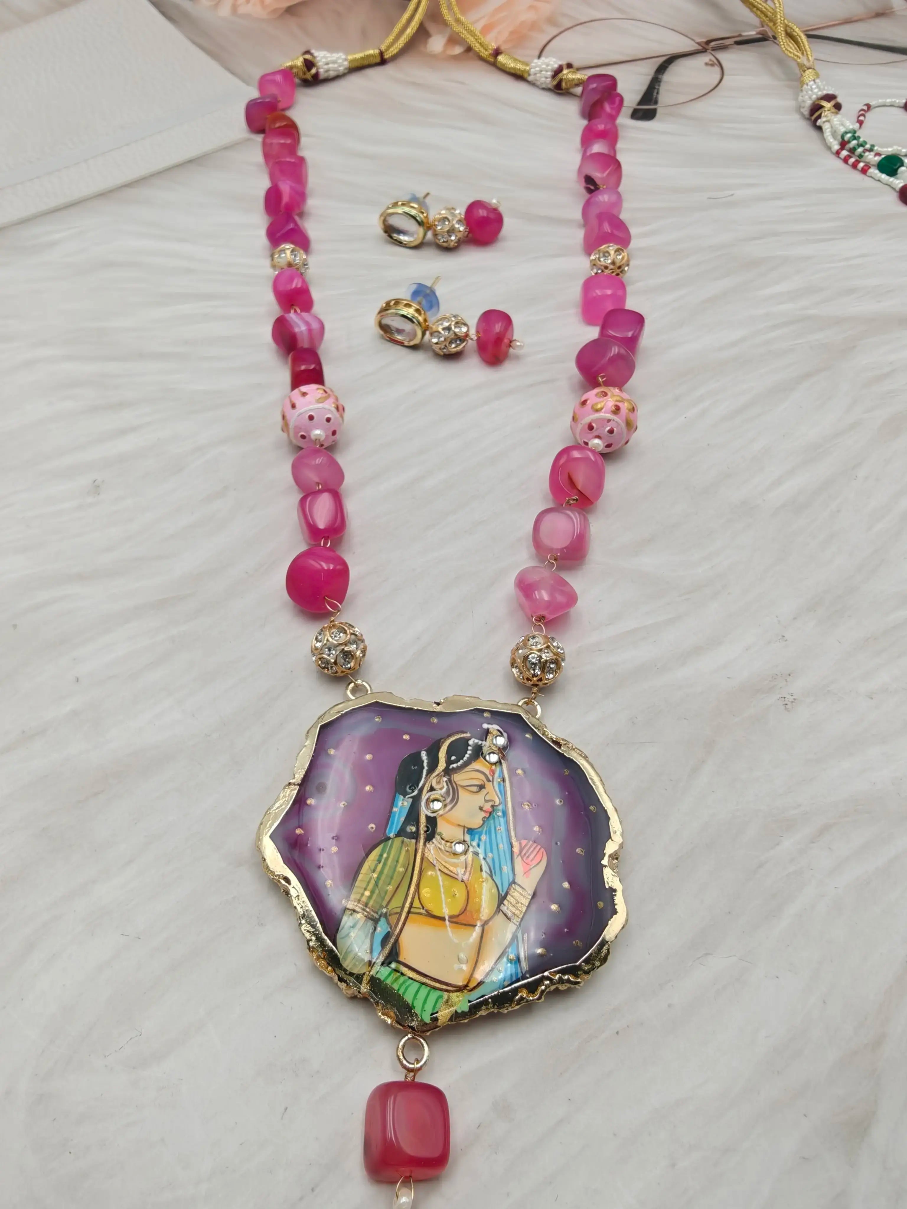 Radha Agate Stone Tanjore Long Necklace - Dark Pink