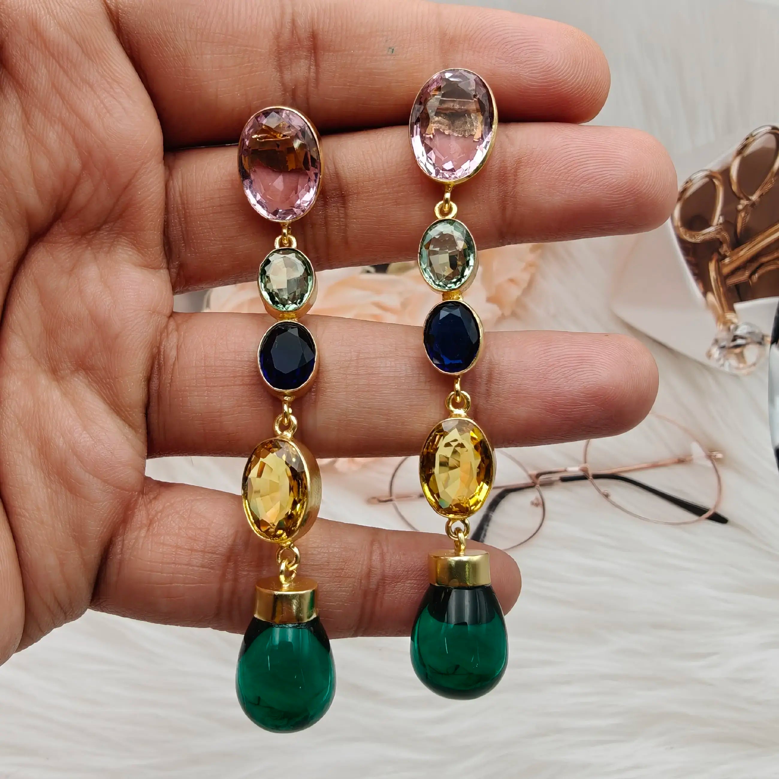 Khumaar Crystal Long Dangler- Green Multi