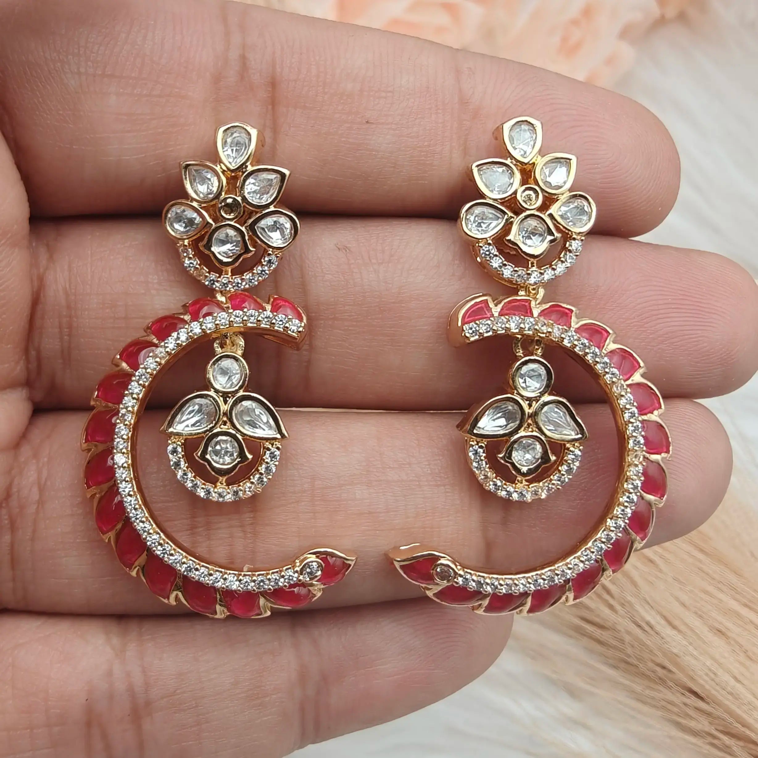 Half Chand Sunheri Kundan Earrings - Ruby