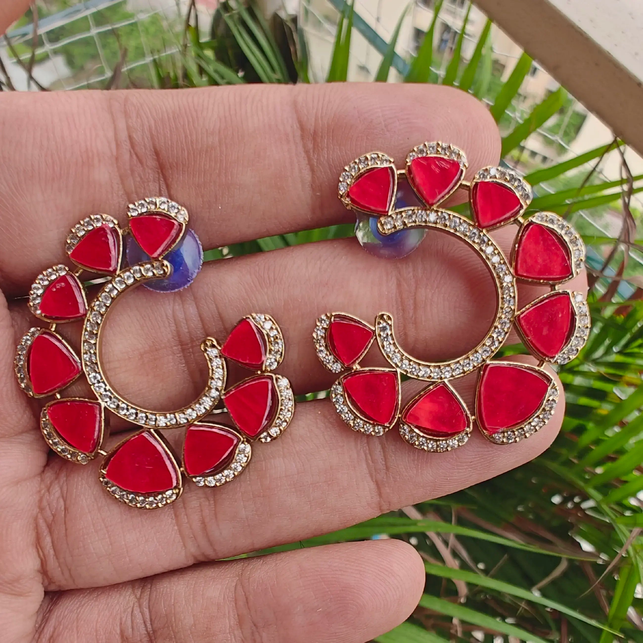 Aaryah Shell Stone Statement Earrings - Coral Red
