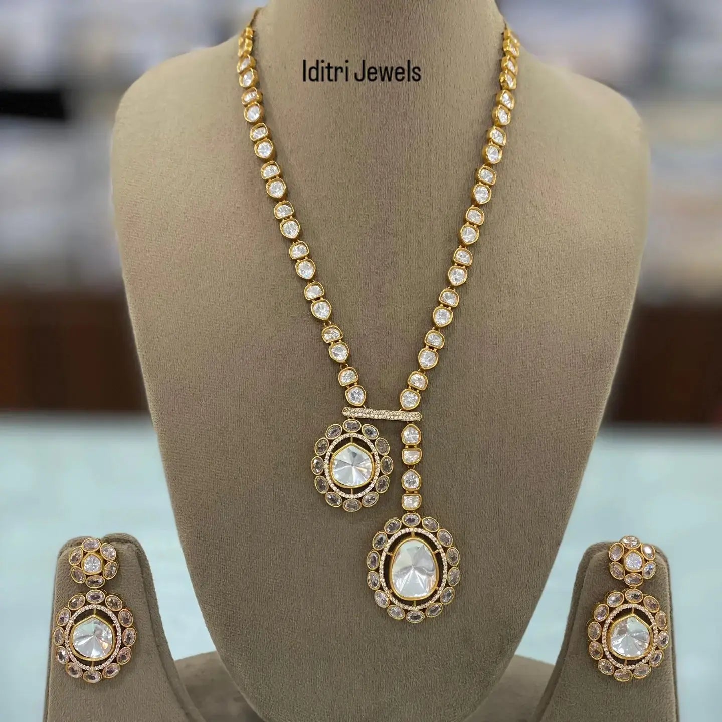 Sunheri Uncut Polki Moissanite Premium Statement Long Necklace - Clear White