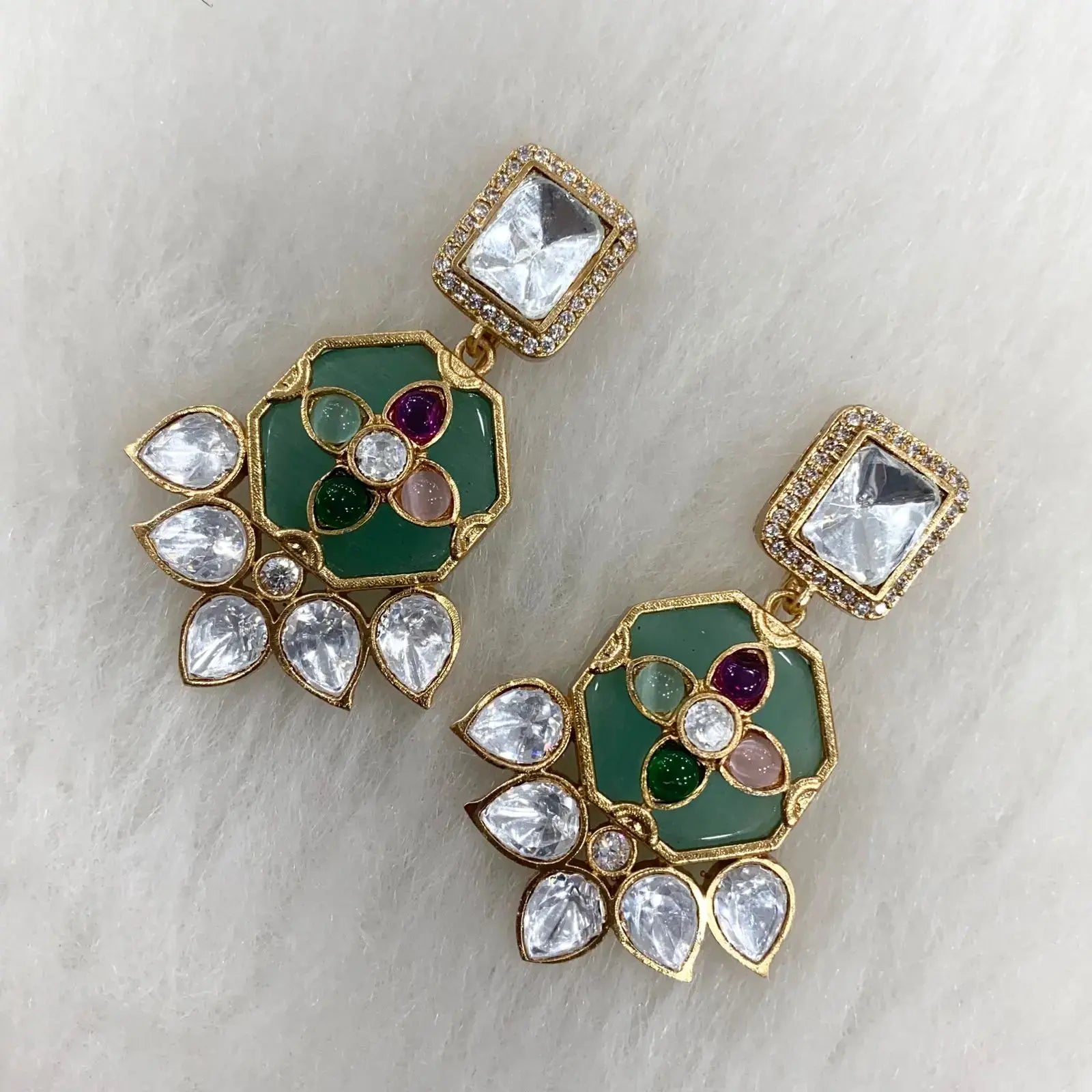 Krutika Uncut Moissanite Polki Earrings - Mint