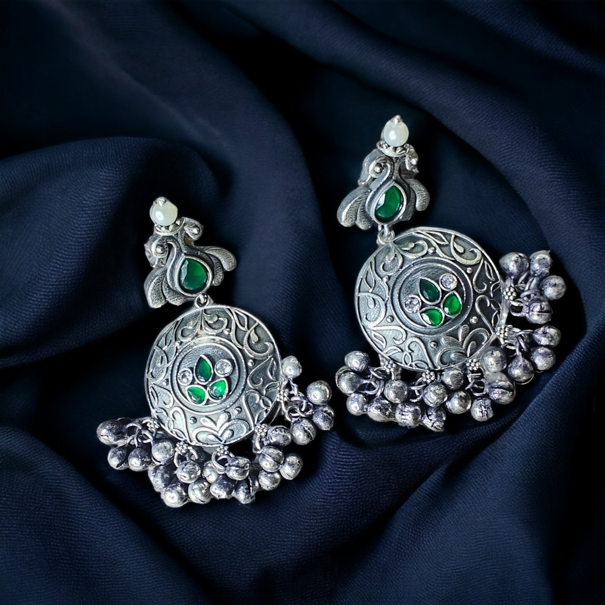 Ruhanika Silver Brass Earrings- Bottle Green