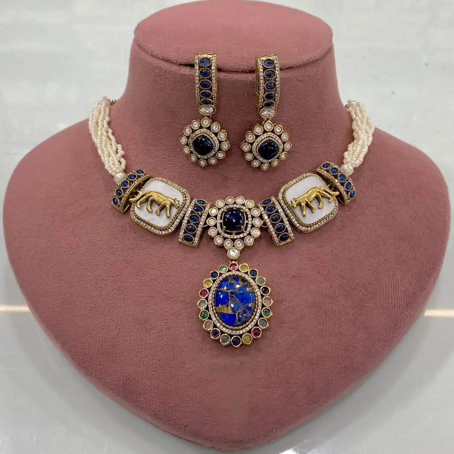 Aafra Sabyasachi Inspired Tourmaline Doublet Choker Necklace - Blue